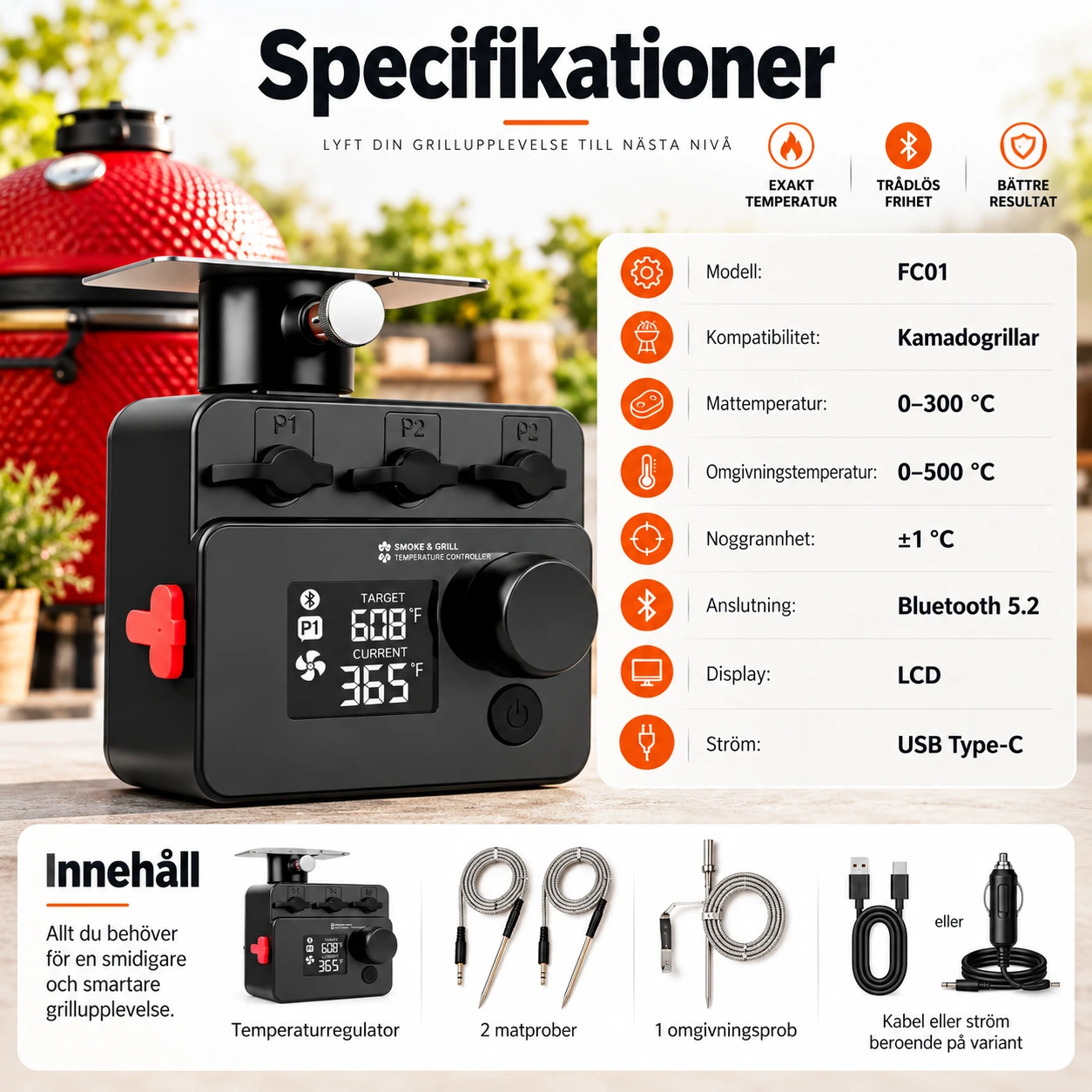 Grilltemperaturregulator för kamadogrill med fläkt och Bluetooth
