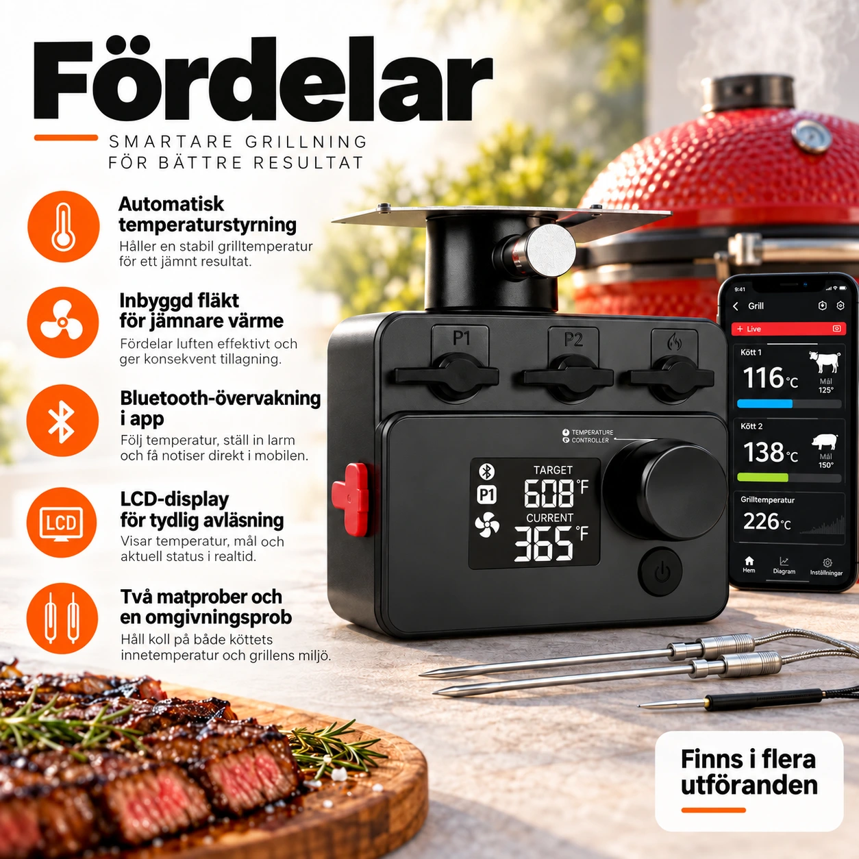 Grilltemperaturregulator för kamadogrill med fläkt och Bluetooth
