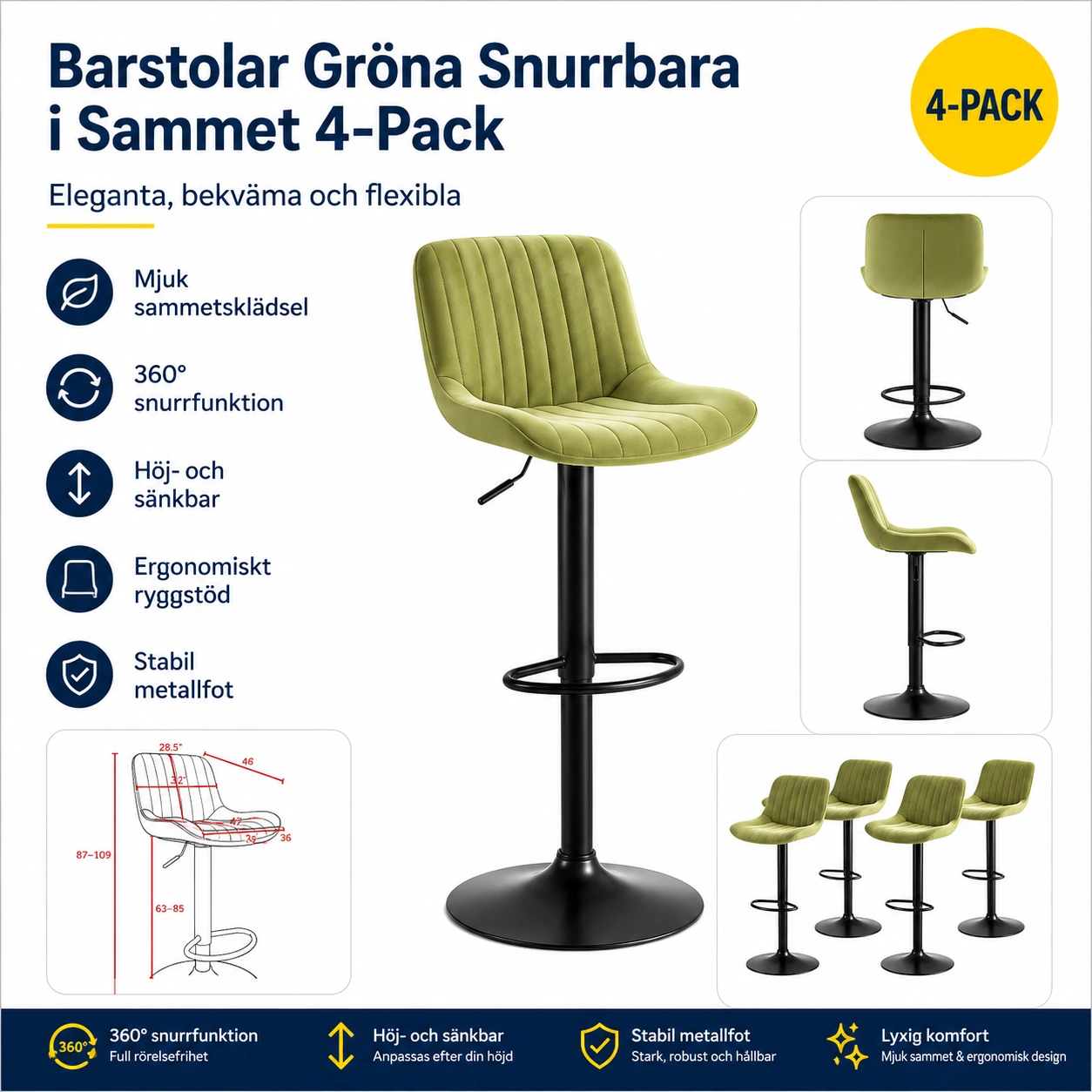 Barstolar Gröna Snurrbara i Sammet 4-Pack – Höj- och Sänkbara