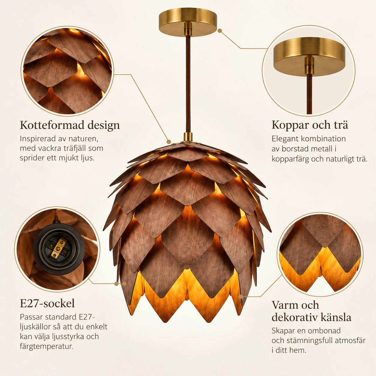 Taklampa i trä med kotteform och E27-sockel