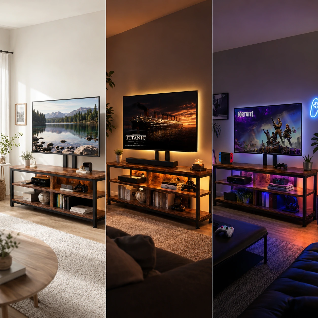 TV-Bänk med TV-Fäste och LED-Belysning för Upp till 70 Tum
