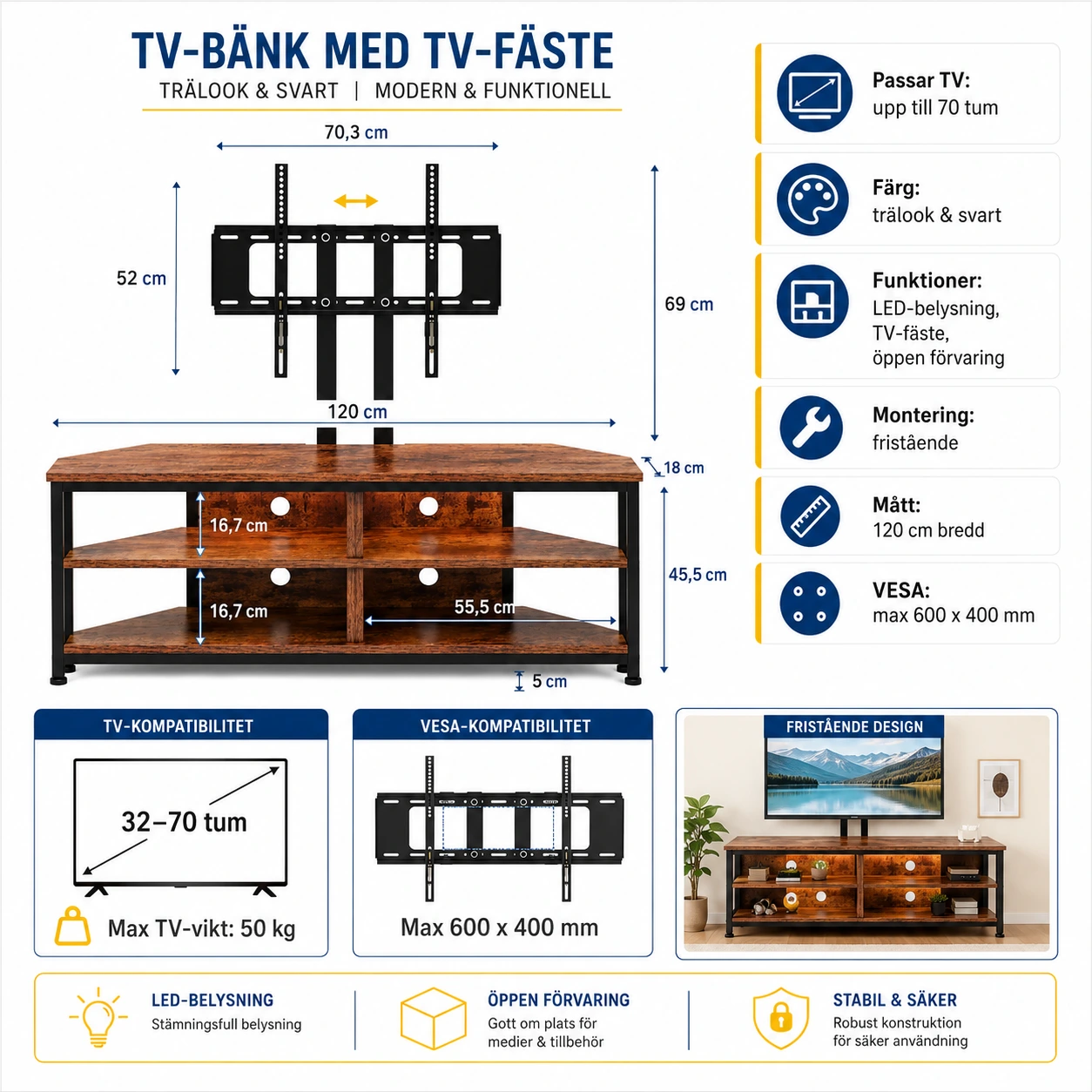 TV-Bänk med TV-Fäste och LED-Belysning för Upp till 70 Tum