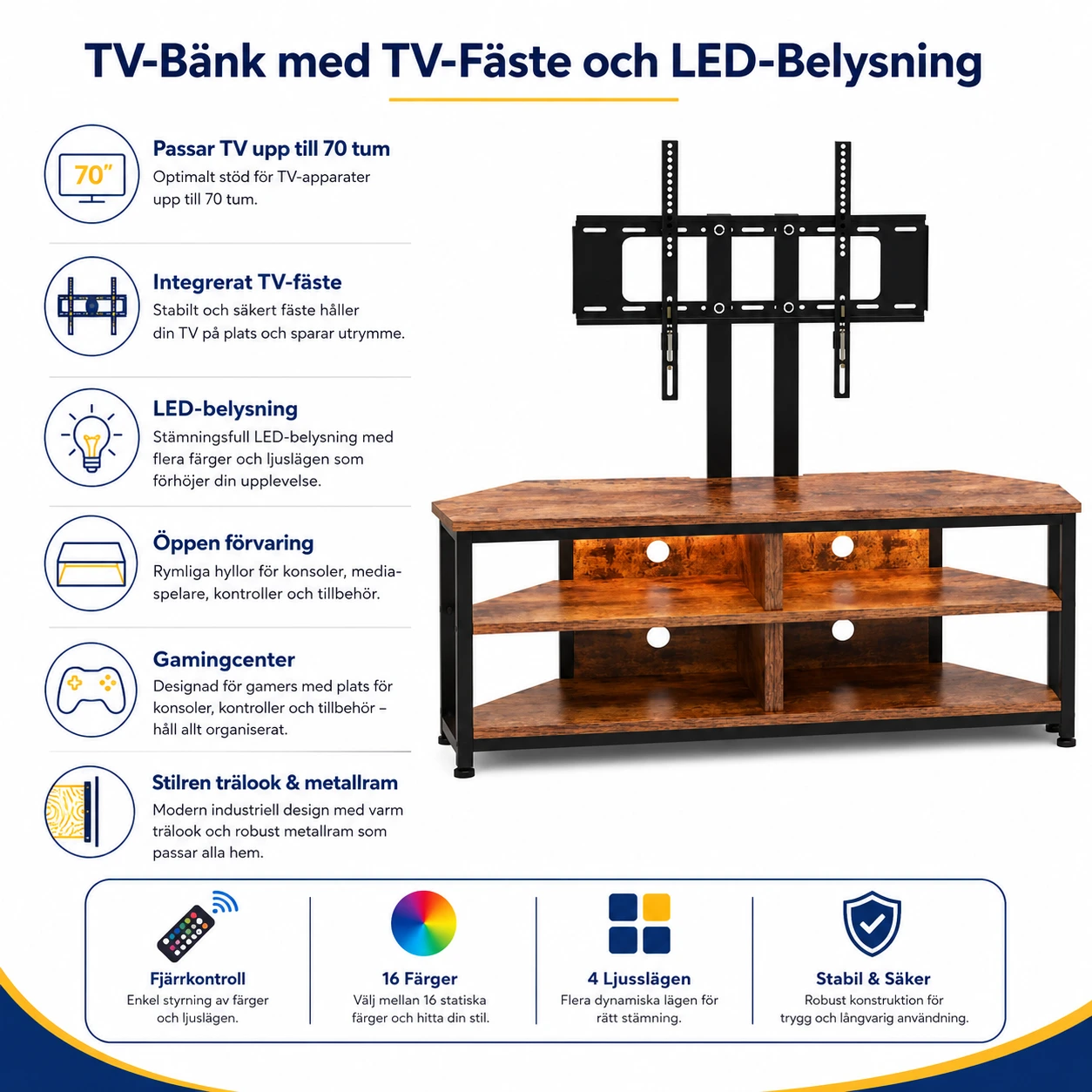 TV-Bänk med TV-Fäste och LED-Belysning för Upp till 70 Tum