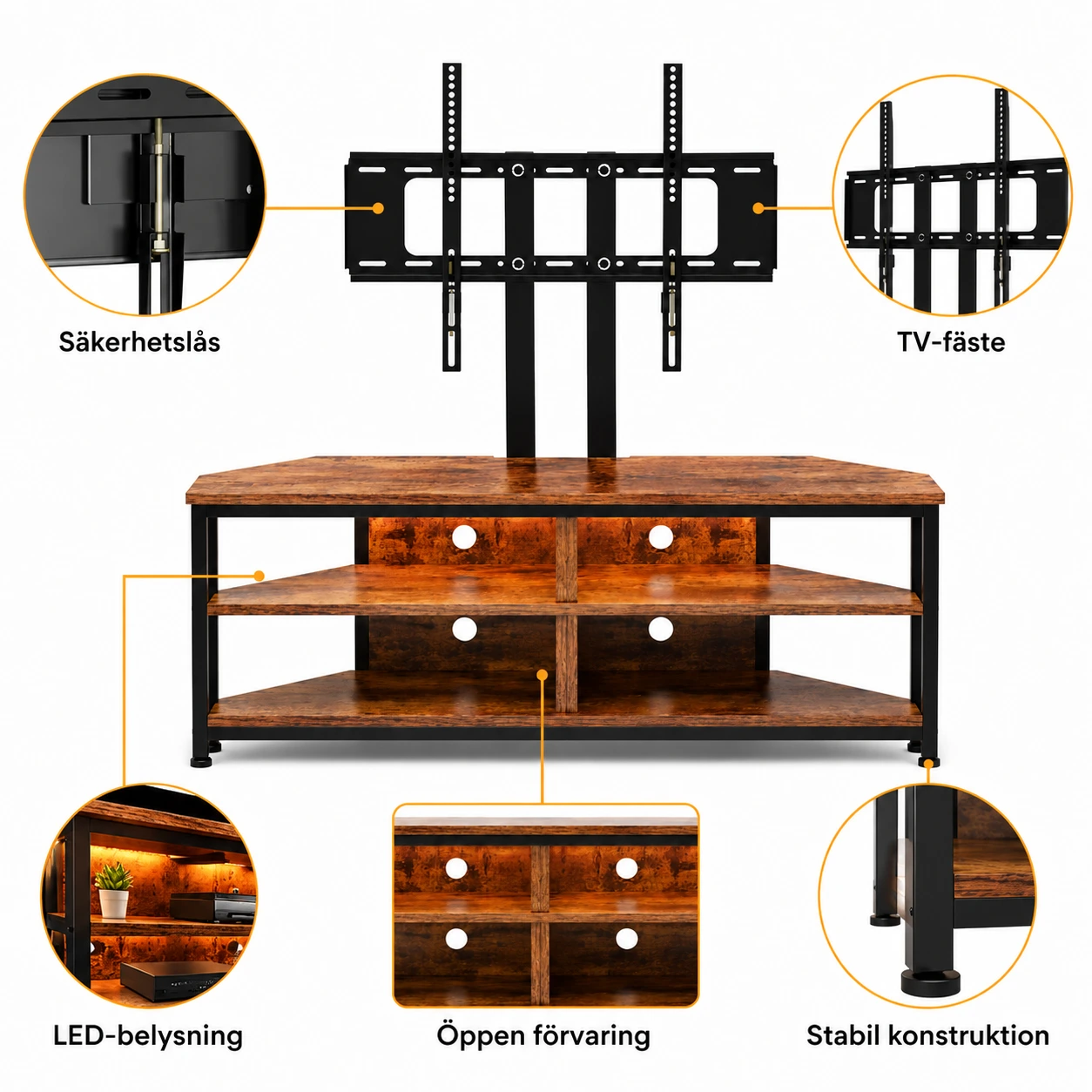 TV-Bänk med TV-Fäste och LED-Belysning för Upp till 70 Tum