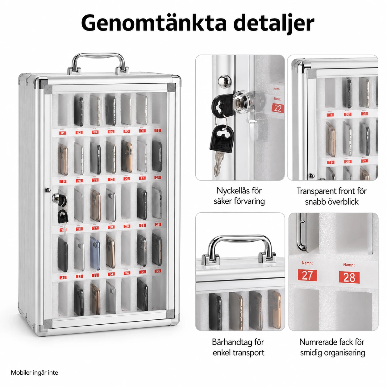 Mobilförvaring med 36 fack för väggmontering och nyckellås