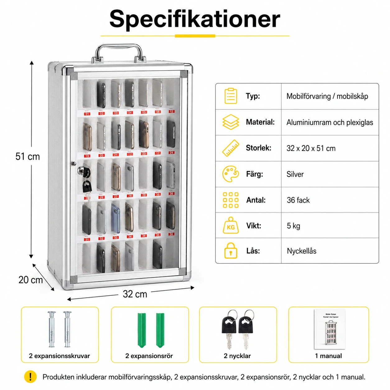 Mobilförvaring med 36 fack för väggmontering och nyckellås