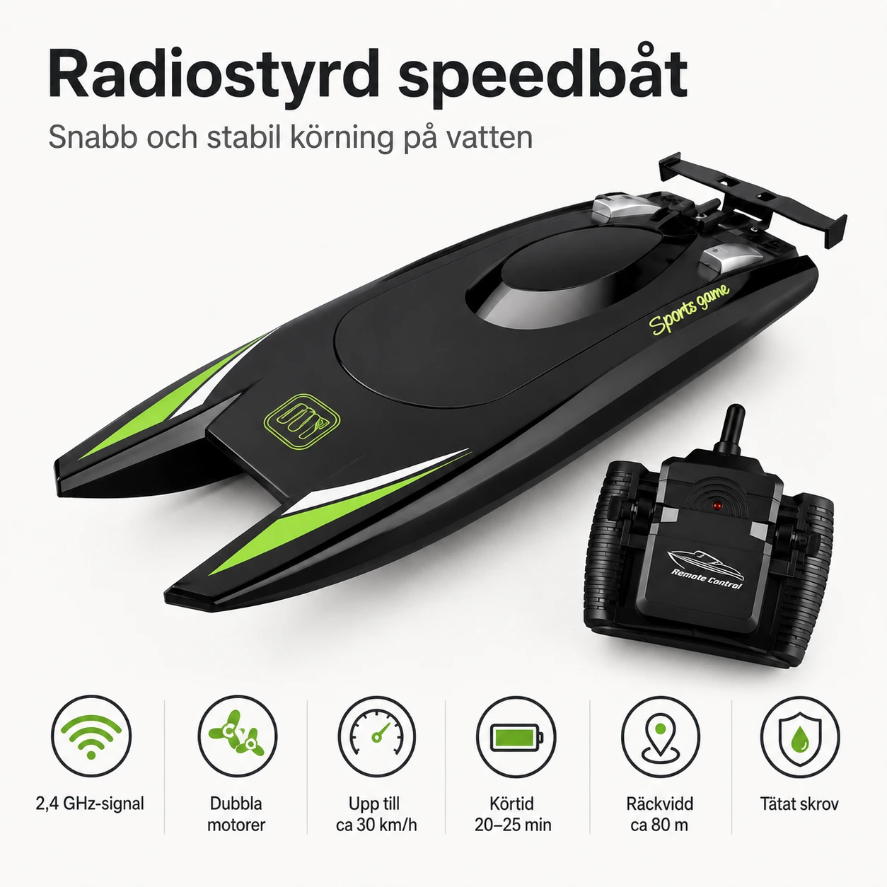 Radiostyrd speedbåt med 2,4 GHz och dubbla motorer