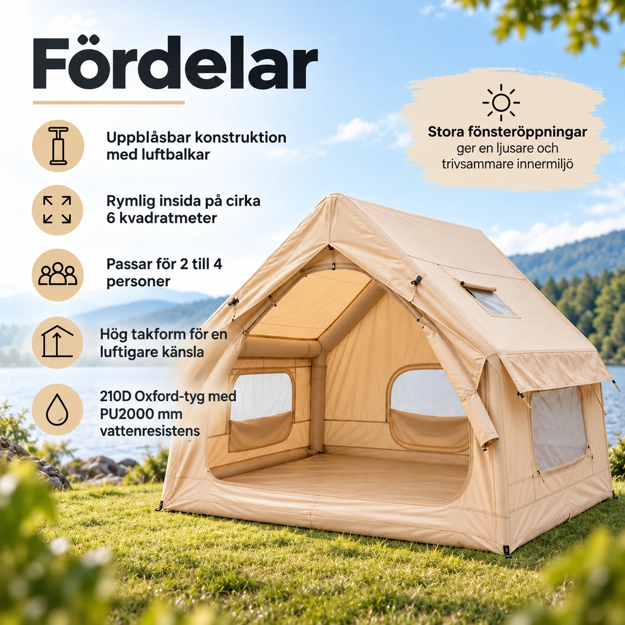 Glampingtält med luftbalkar för 2–4 personer i 210D Oxford