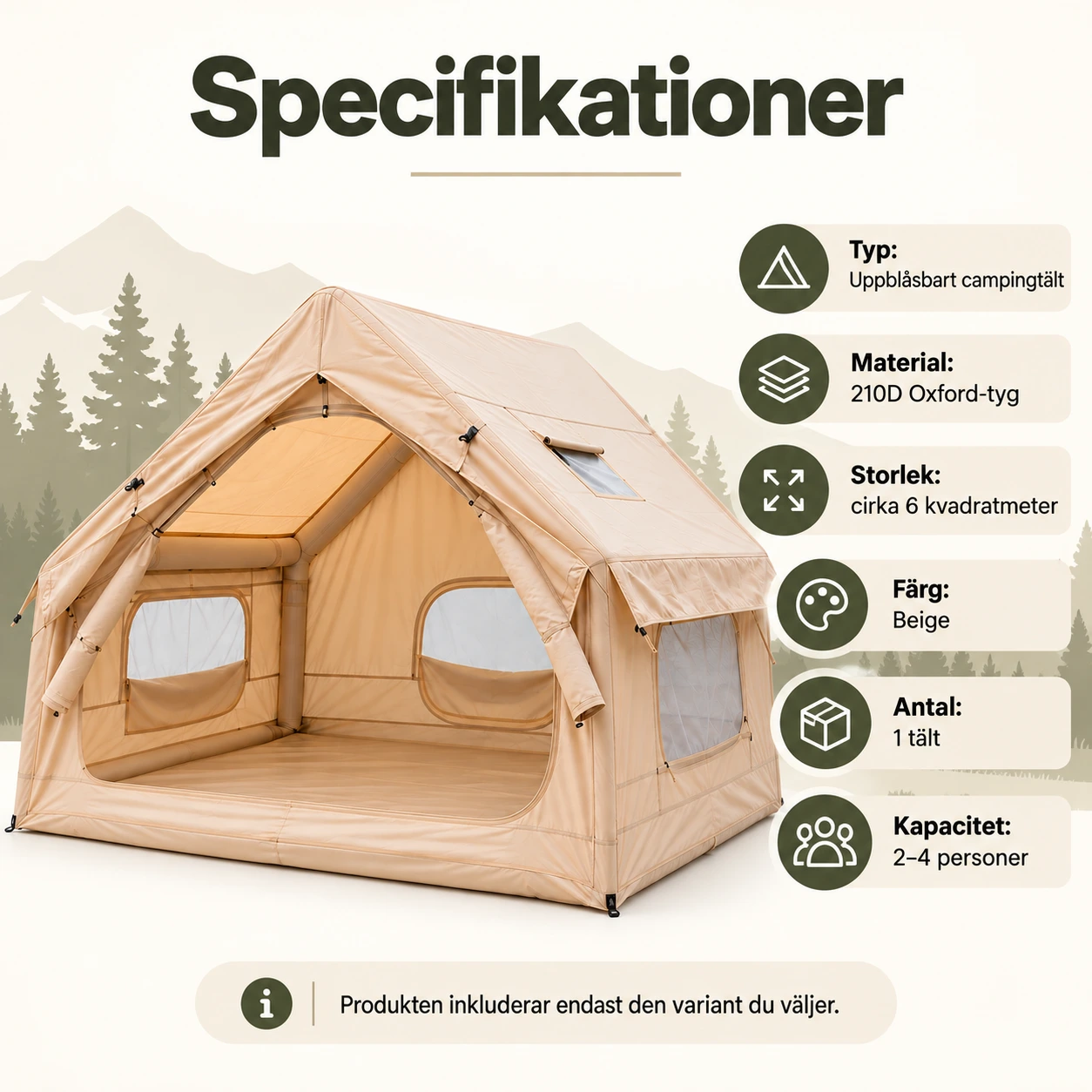Glampingtält med luftbalkar för 2–4 personer i 210D Oxford