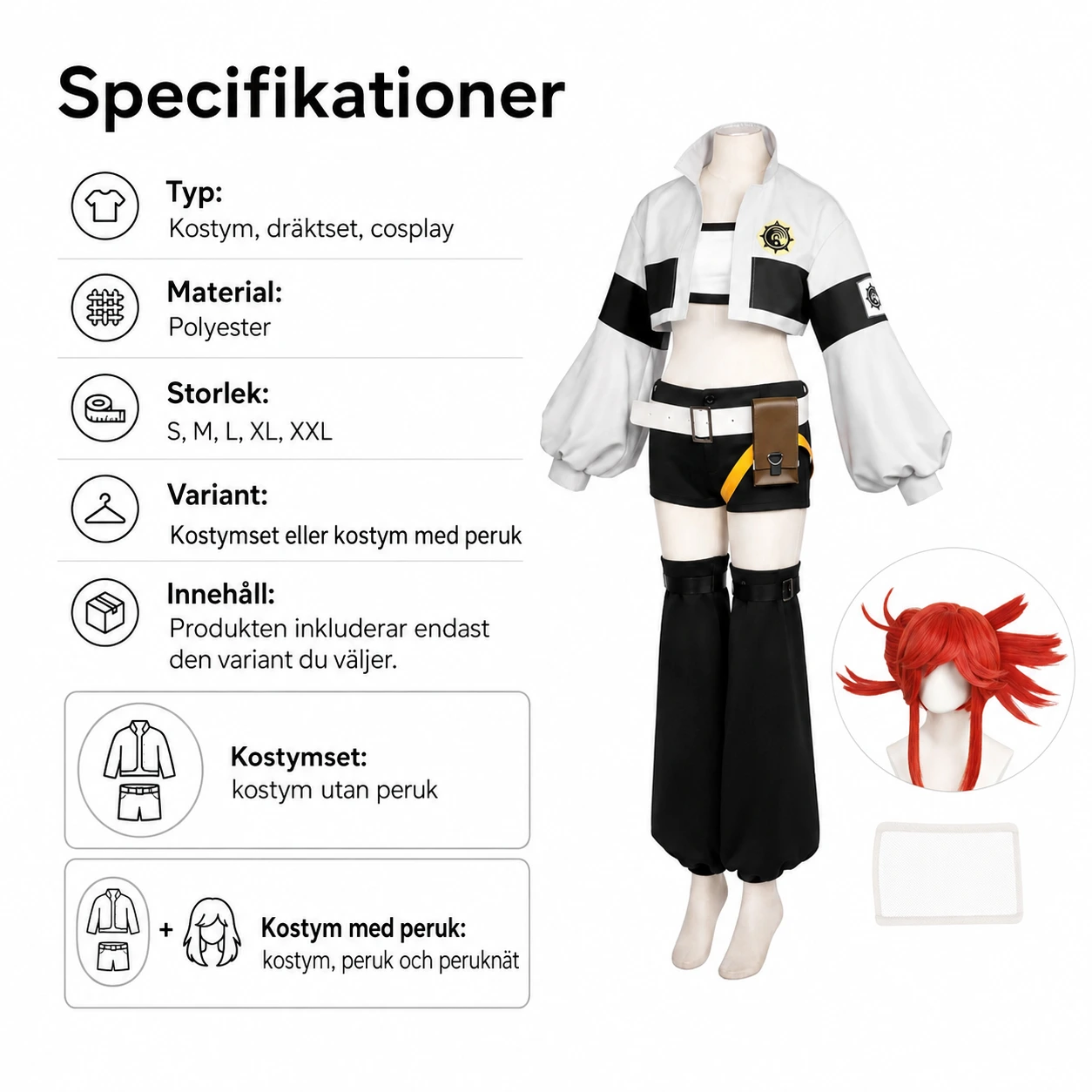 Anime cosplaydräkt med peruk i flera varianter