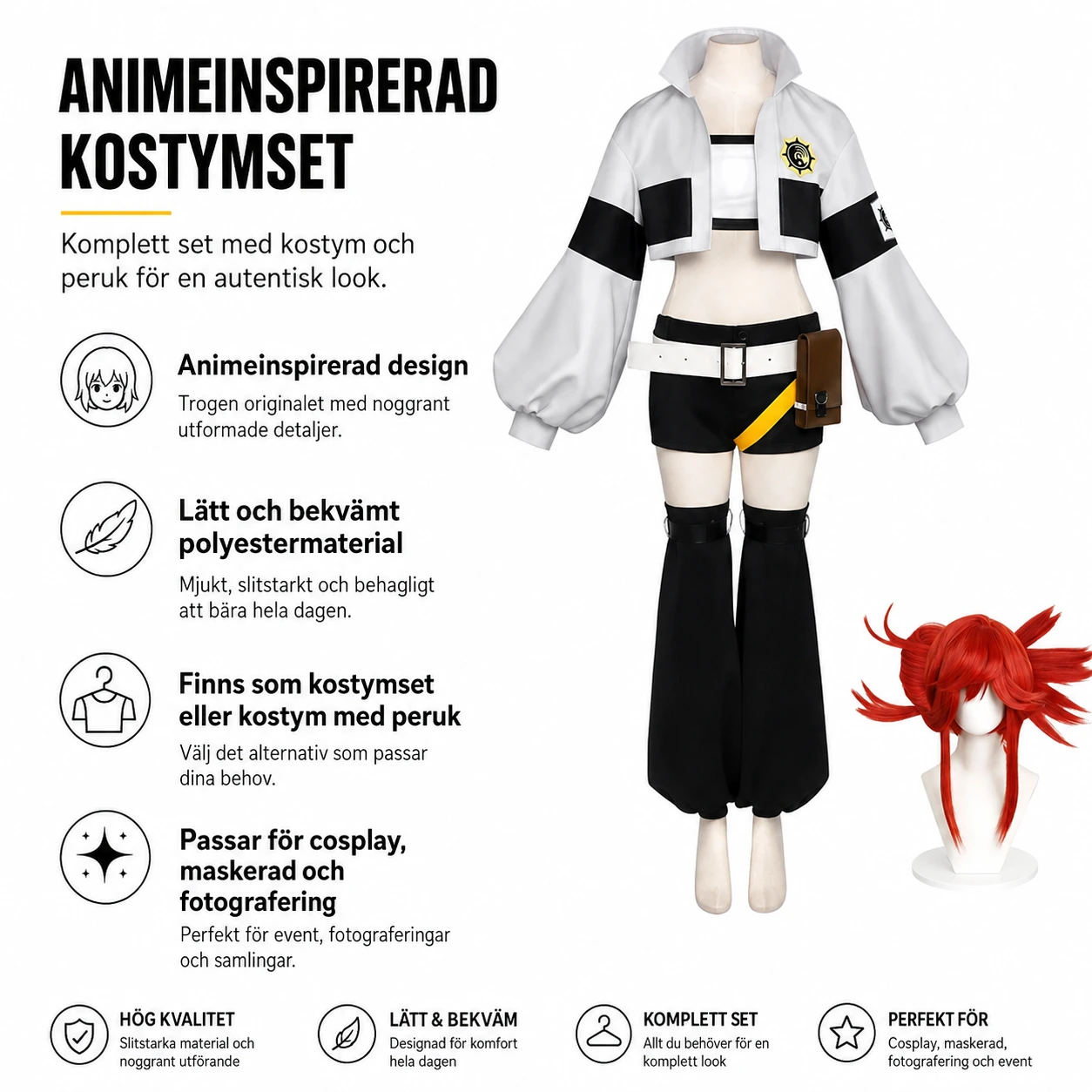 Anime cosplaydräkt med peruk i flera varianter