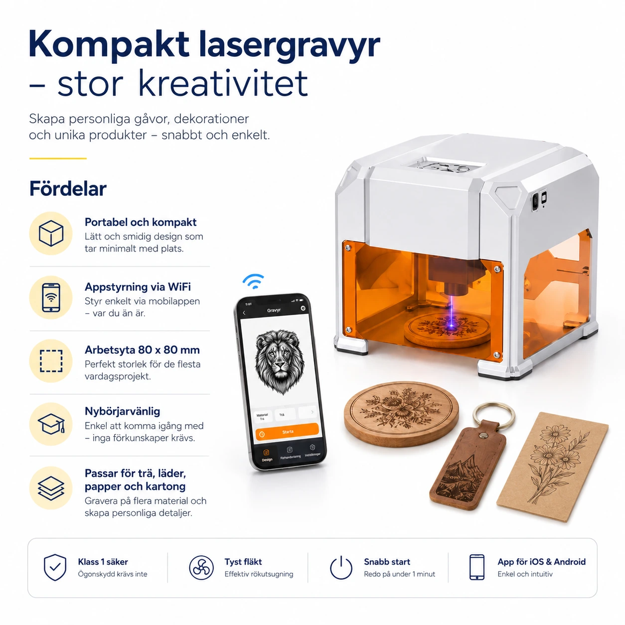 Portabel lasergraverare med appstyrning och 80 x 80 mm