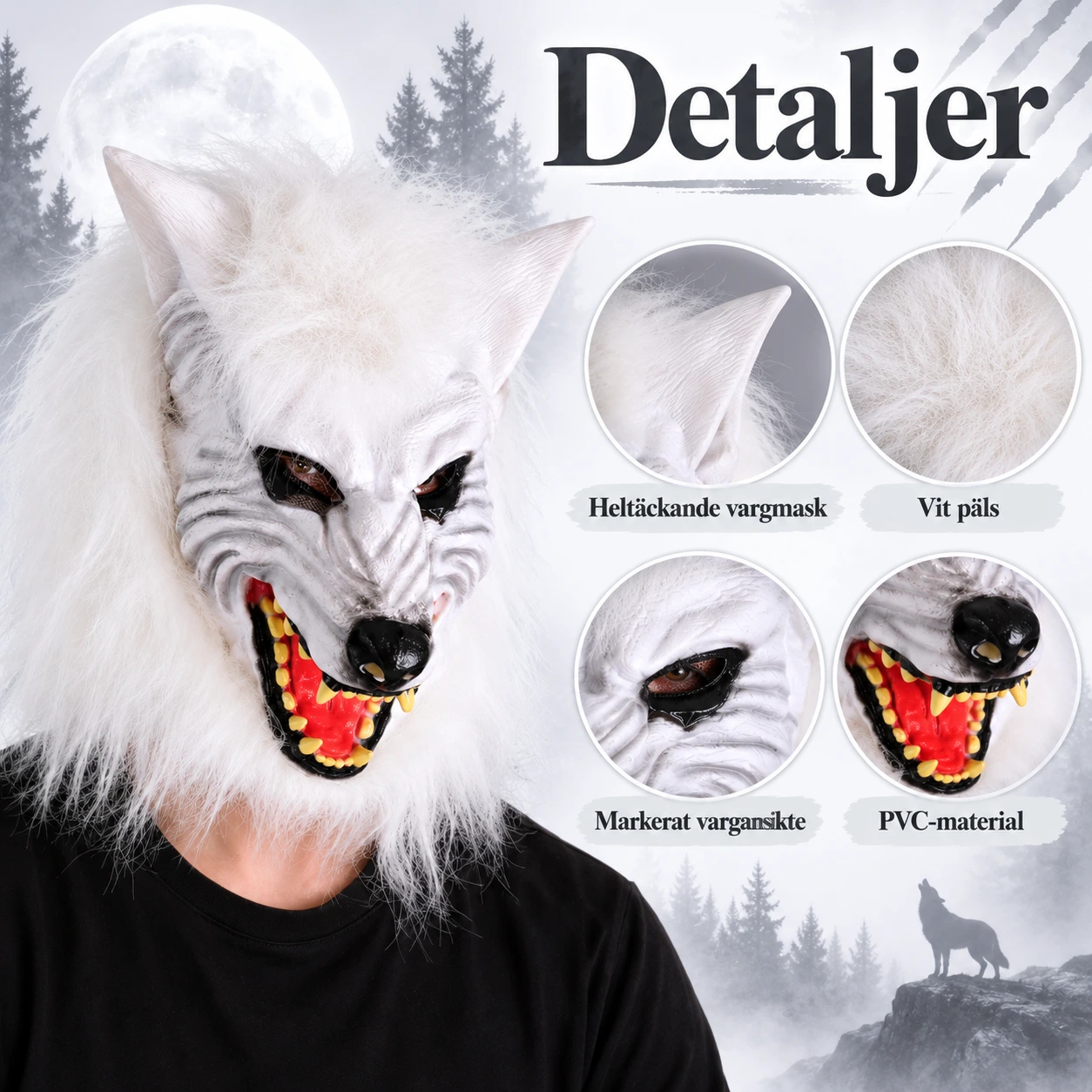Mask vuxen vargmotiv i PVC med vit päls