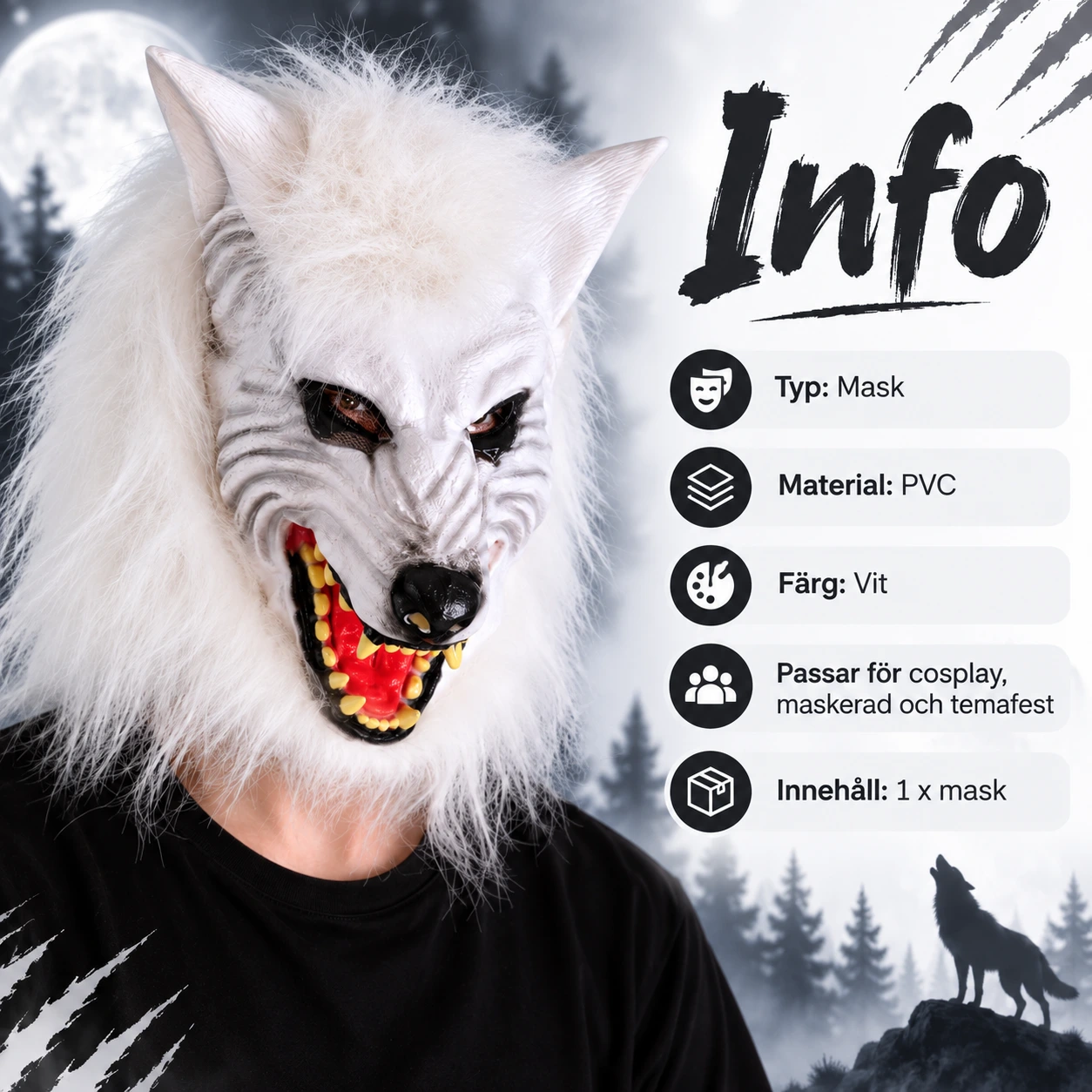 Mask vuxen vargmotiv i PVC med vit päls