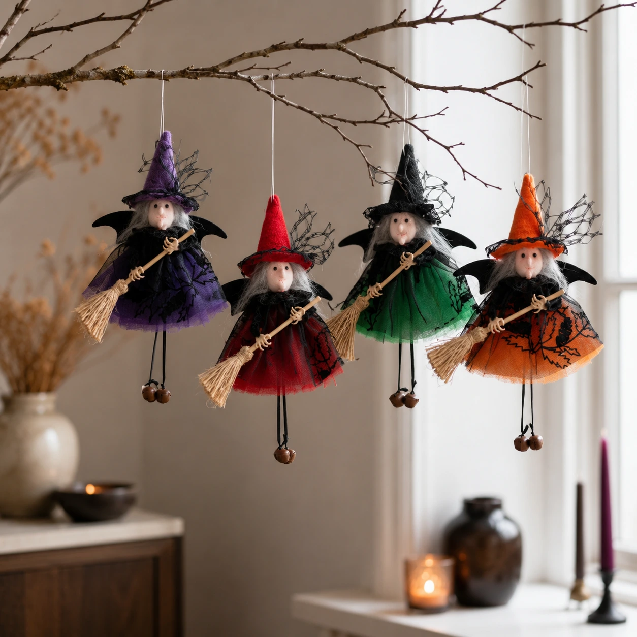 Hängande häxdekoration för Halloween med kvast