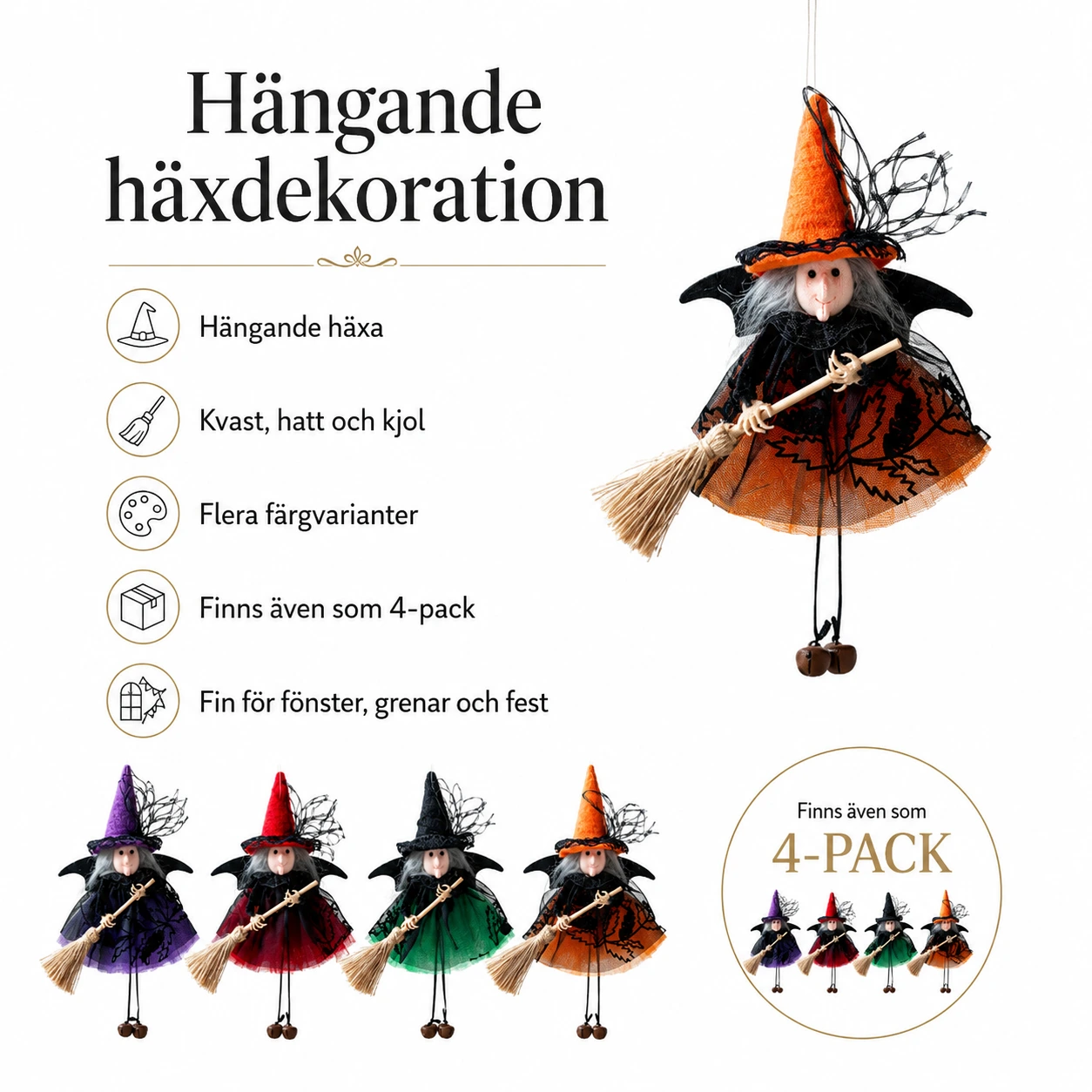 Hängande häxdekoration för Halloween med kvast
