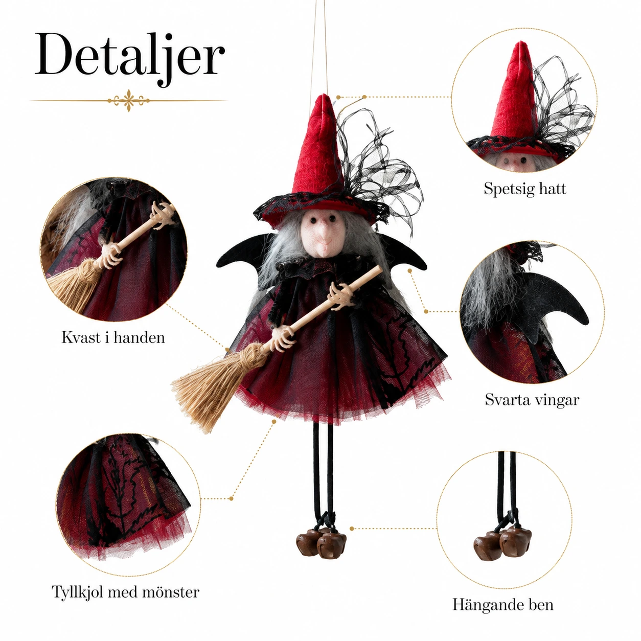 Hängande häxdekoration för Halloween med kvast