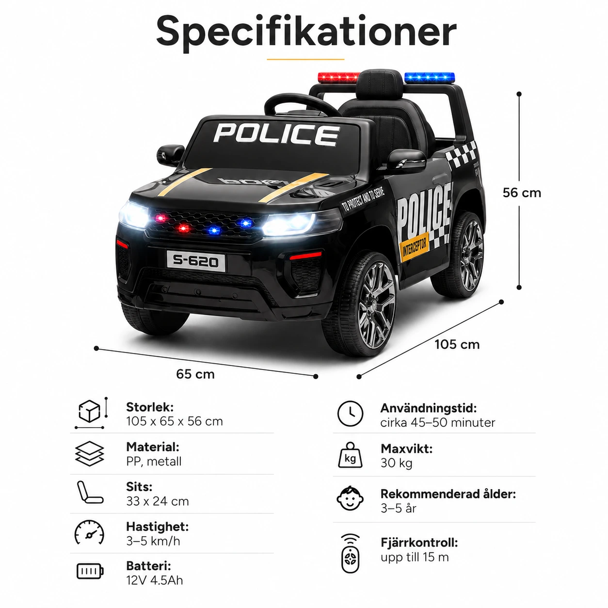 Elektrisk polisbil för barn med fjärrkontroll och siren