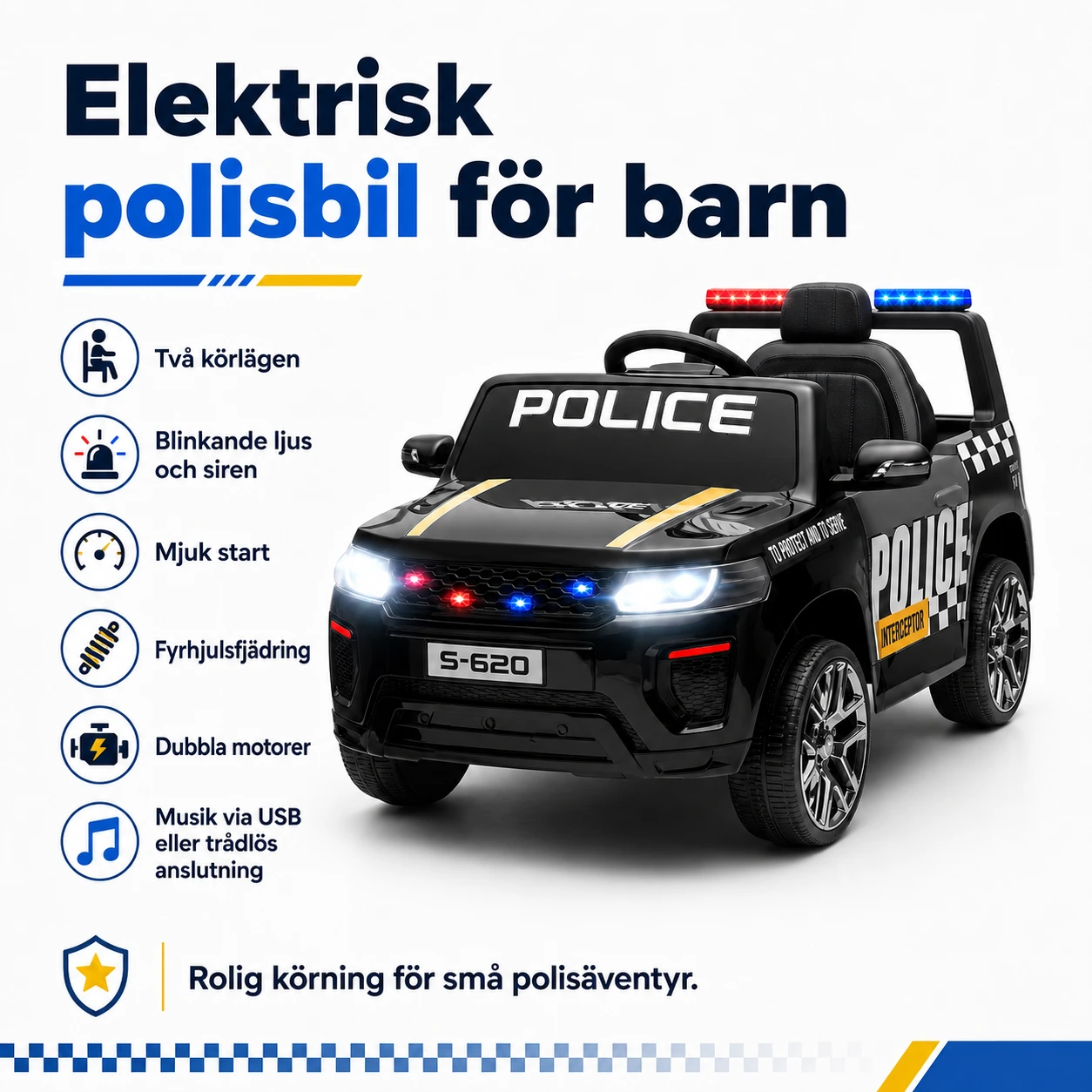 Elektrisk polisbil för barn med fjärrkontroll och siren