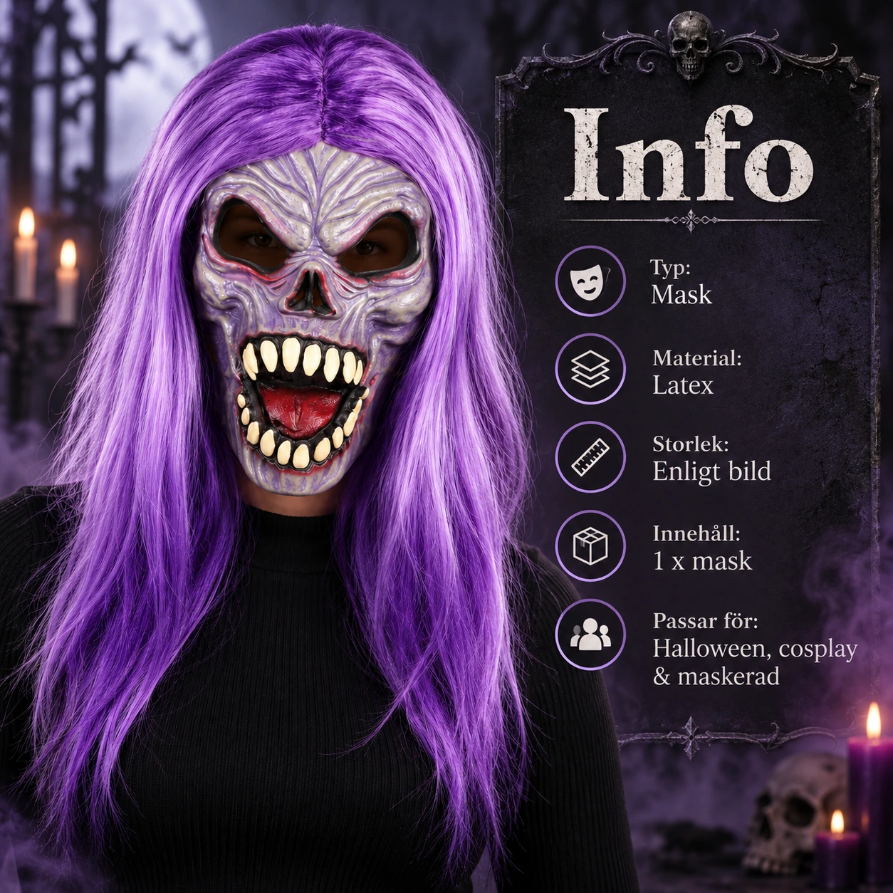 Mask zombie med lila hår och latex