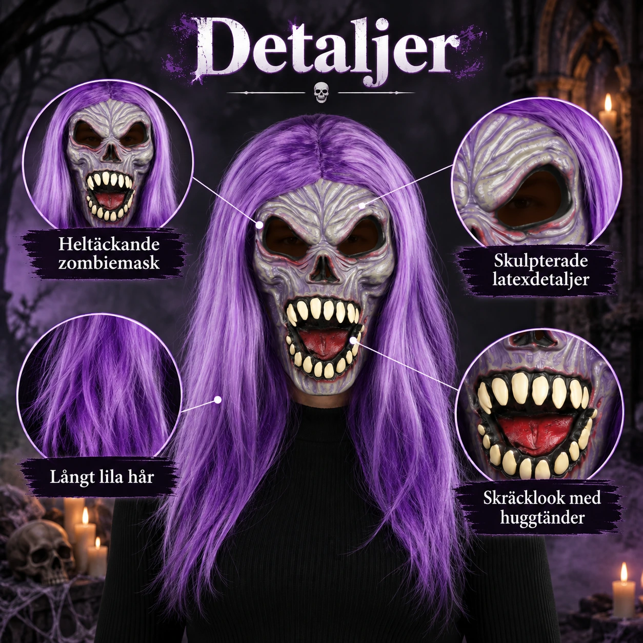 Mask zombie med lila hår och latex