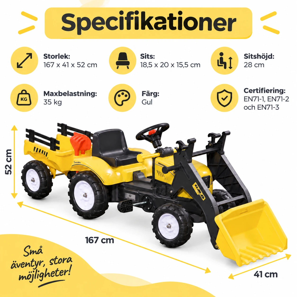 Lasten polkutraktori peräkärryllä ja kauhalla