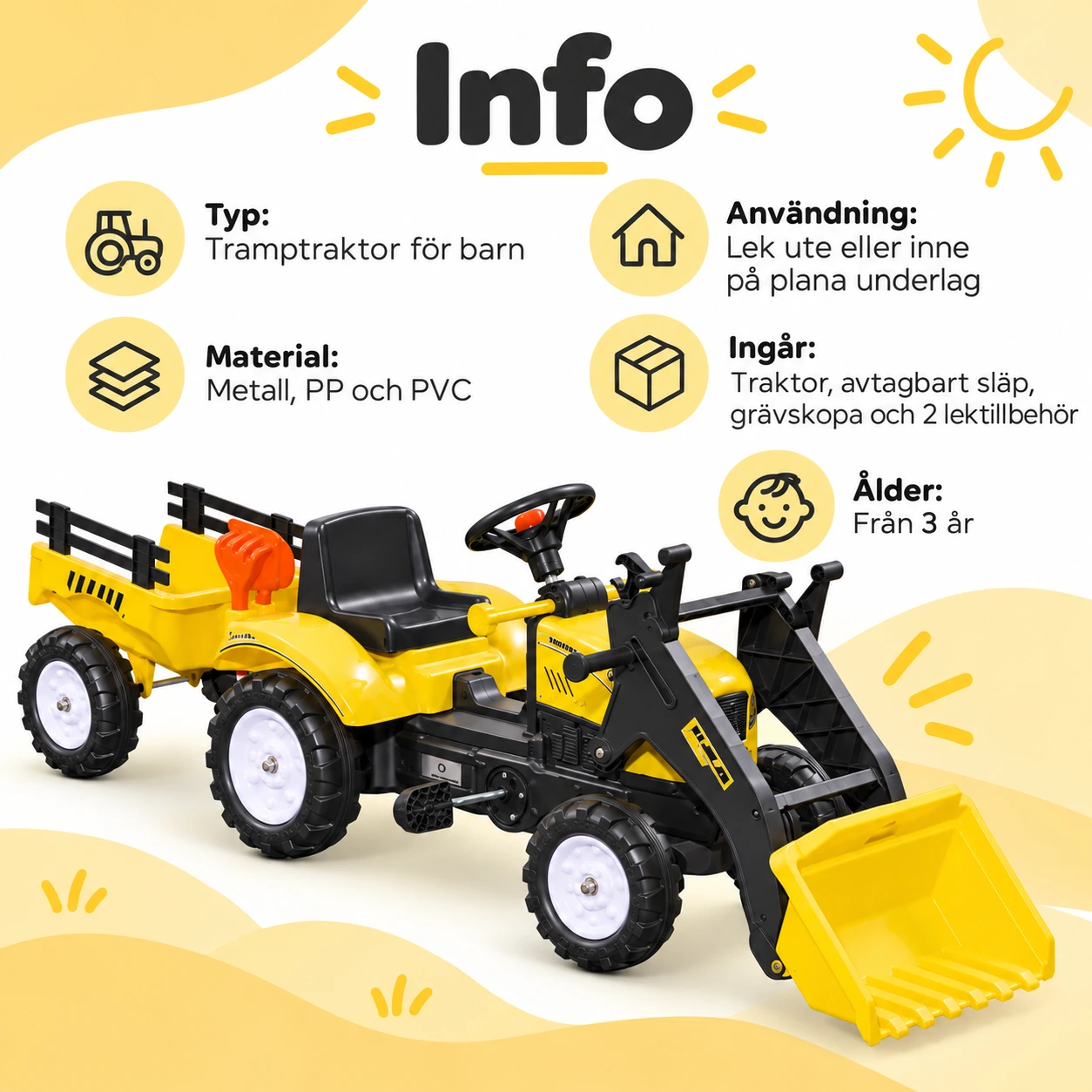 Tramptraktor för barn med släp och grävskopa