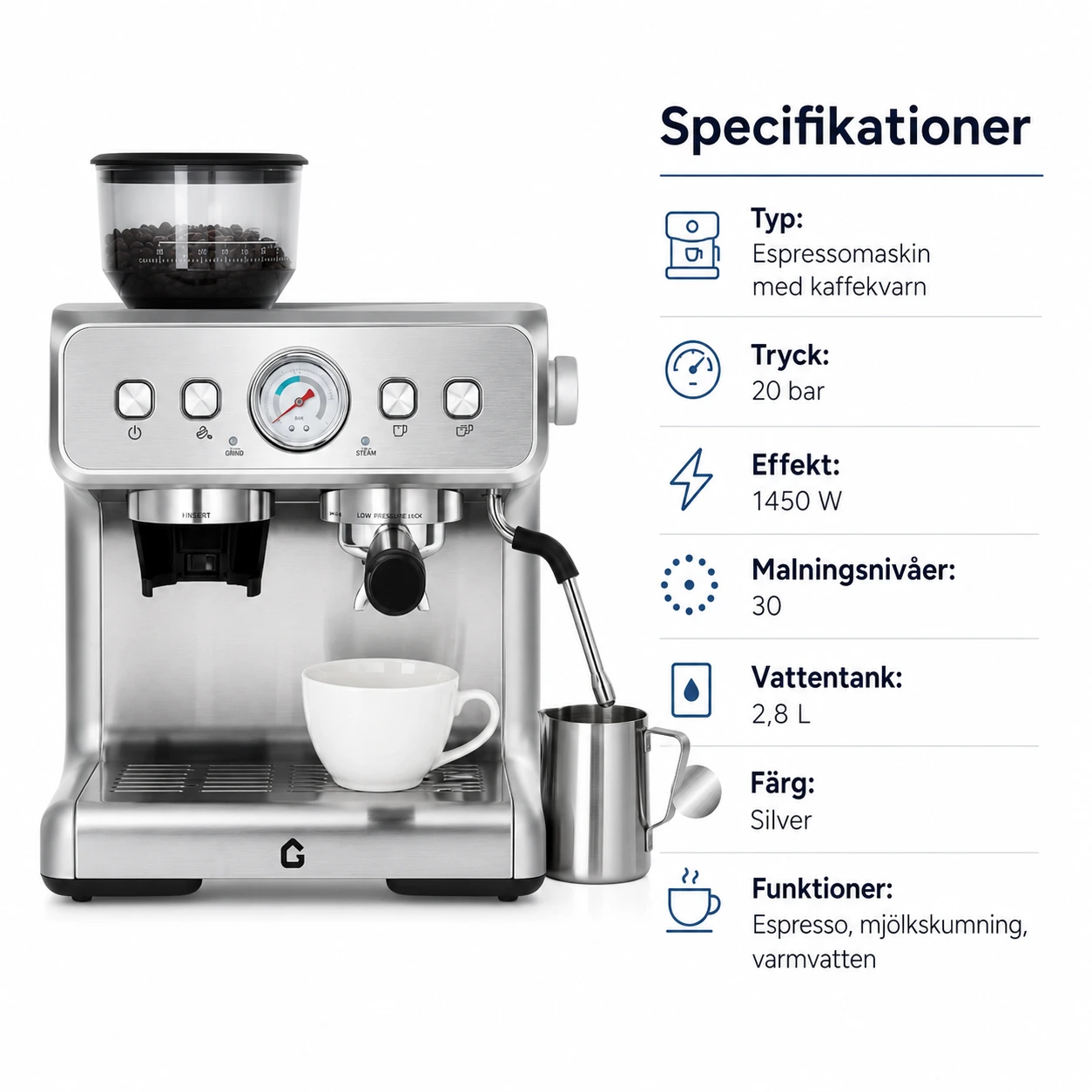 Espressomaskin med Kaffekvarn 20 Bar – Automatisk