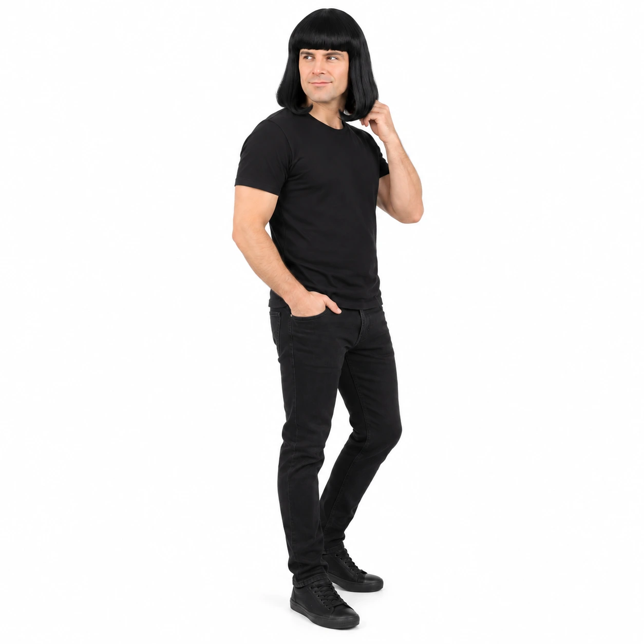 Musta polkkaperuukki otsatukalla – unisex