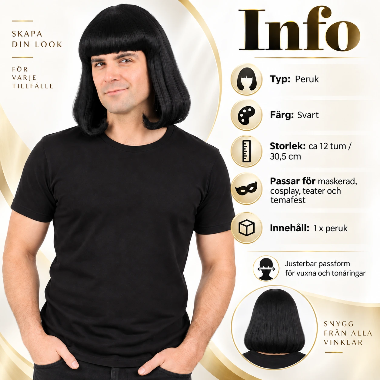 Musta polkkaperuukki otsatukalla – unisex