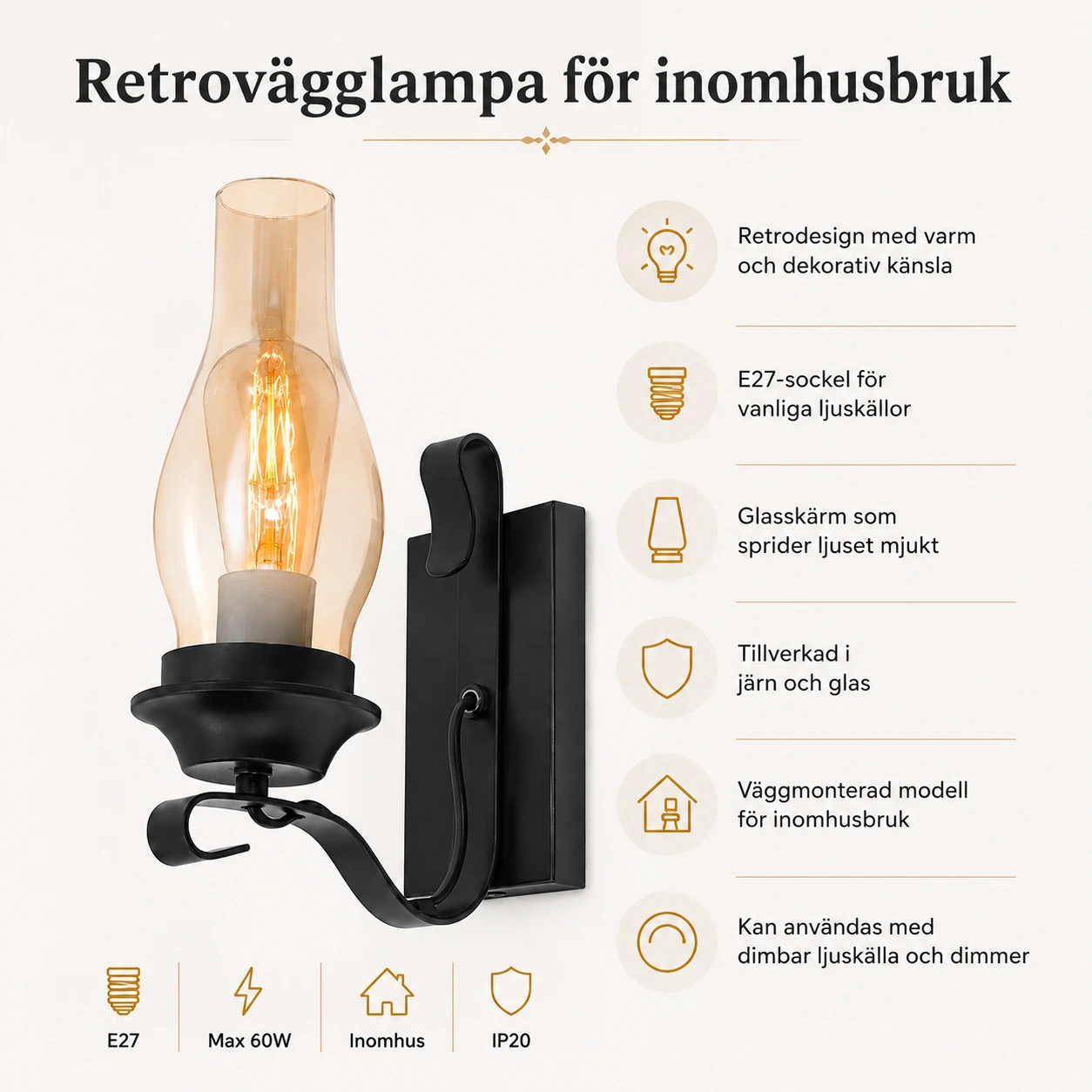 Retrovägglampa för inomhusbruk med E27-sockel