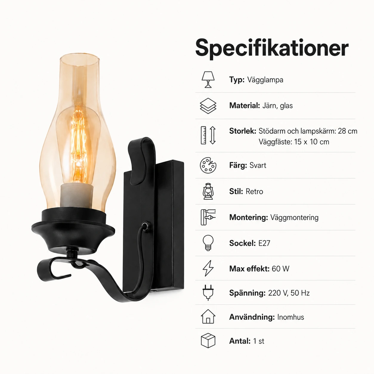 Retrovägglampa för inomhusbruk med E27-sockel