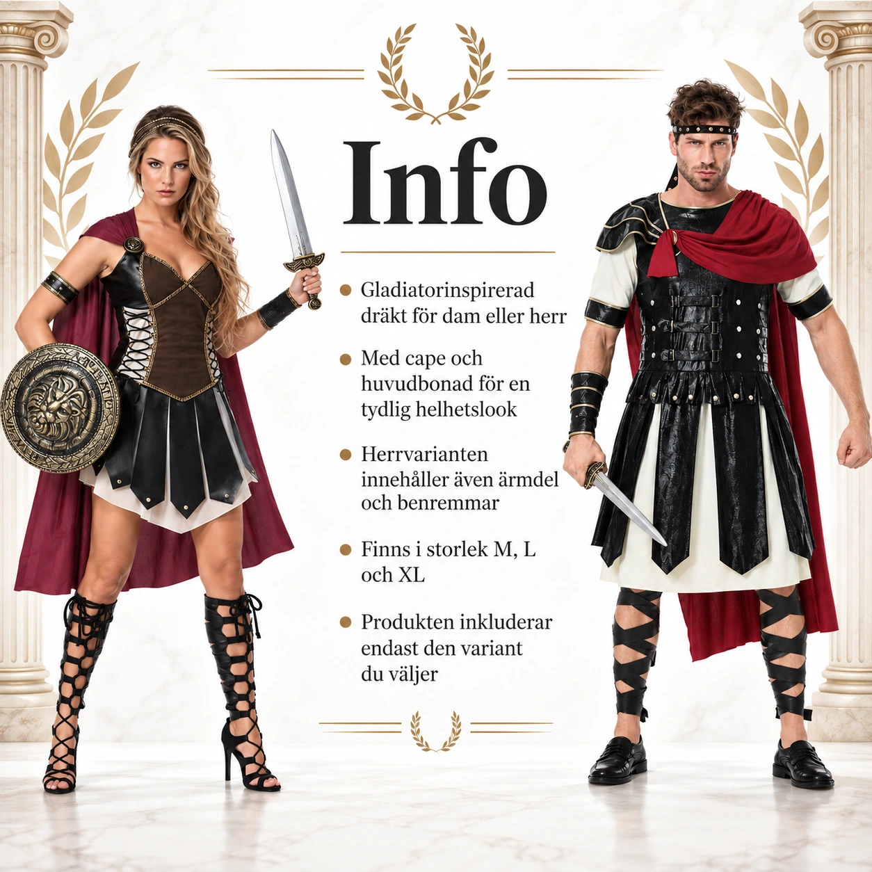 Gladiaattoriasu naisille ja miehille viitalla ja päähineellä