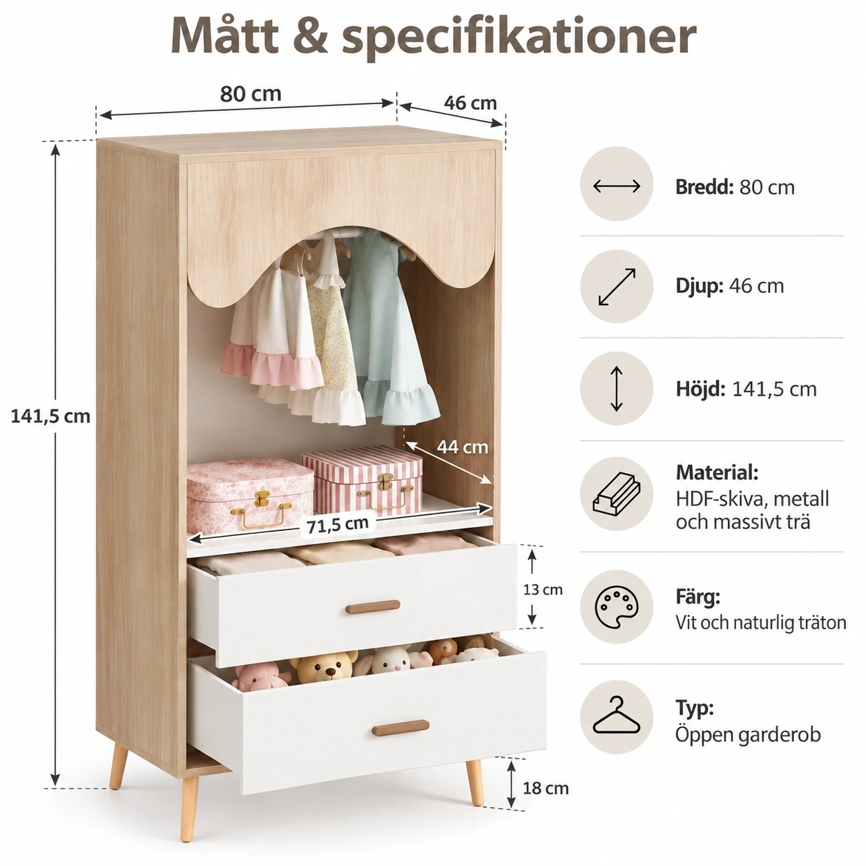 Öppen garderob för barnrum med 2 lådor, 80 x 46 x 141,5 cm