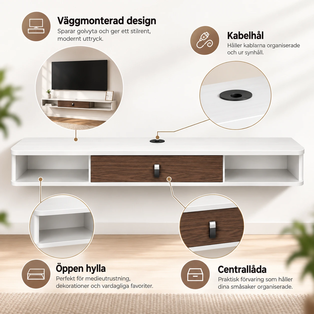 Flytande tv-bänk för väggmontering med kabelhål
