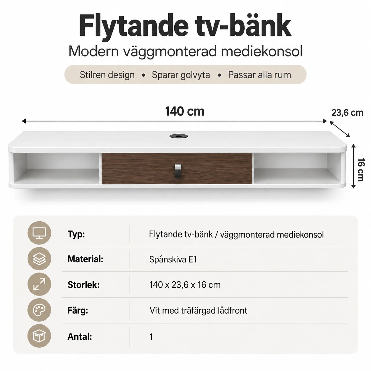 Flytande tv-bänk för väggmontering med kabelhål