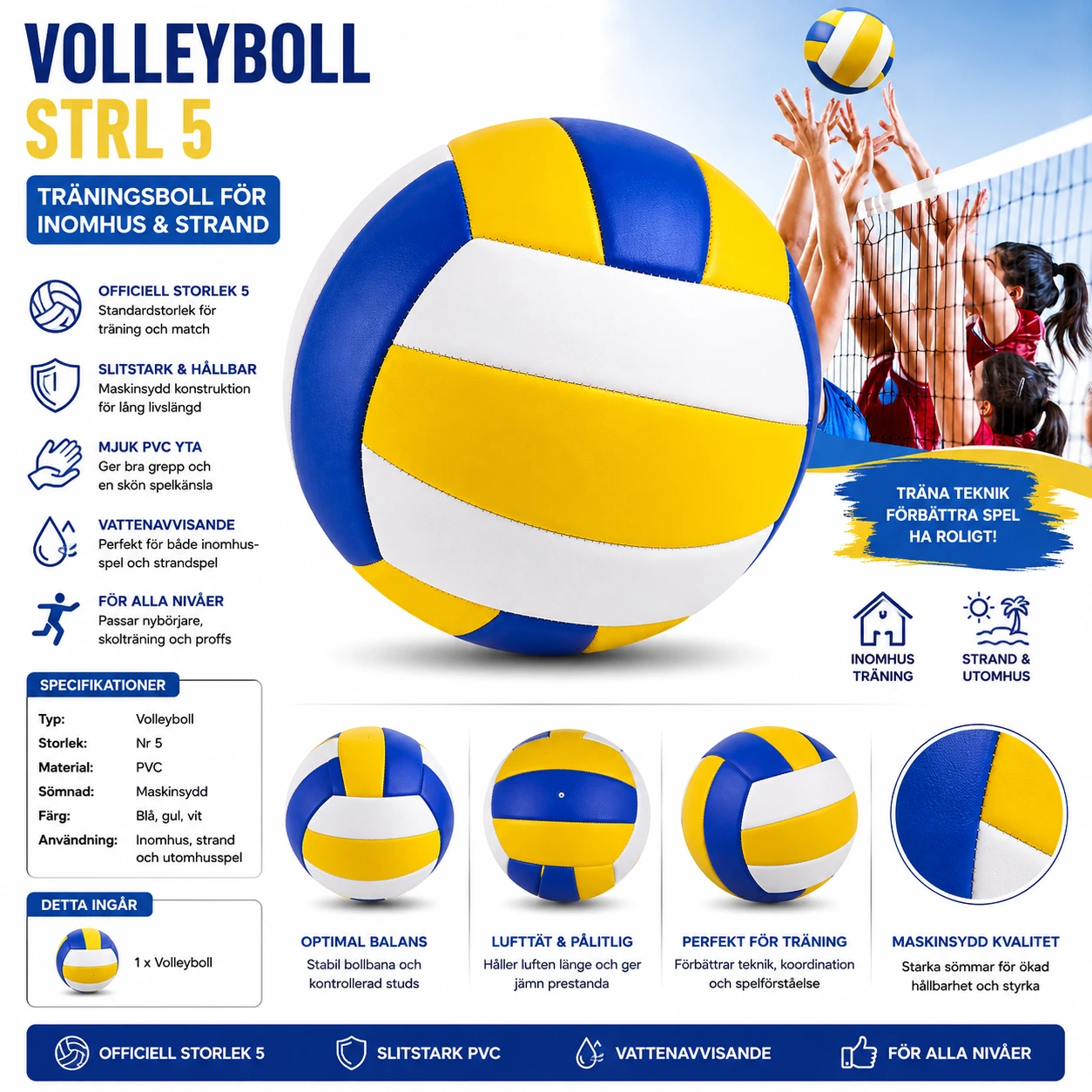 Volleyboll Strl 5 – Träningsboll för Inomhus & Strand