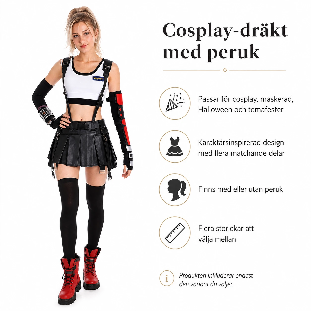 Cosplay-dräkt med peruk för maskerad och Halloween