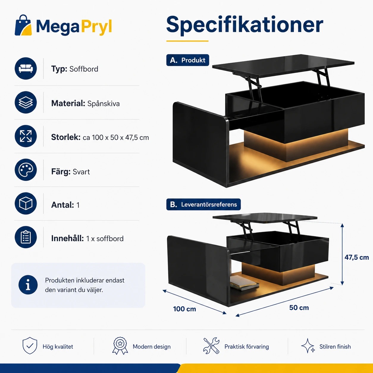 Soffbord med lyftbar skiva och förvaring