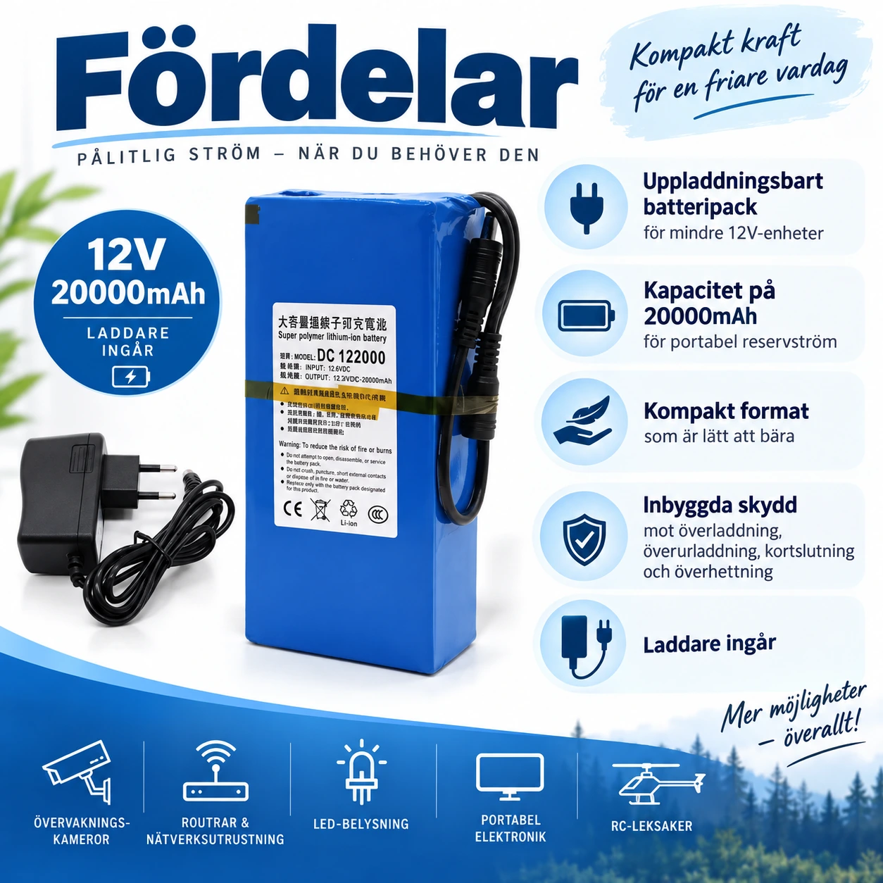 Batteripack 12V 20000mAh med laddare
