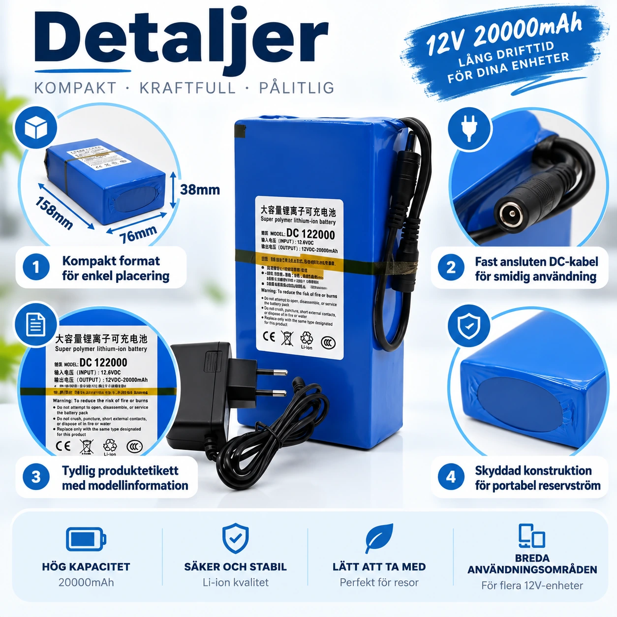 Batteripack 12V 20000mAh med laddare
