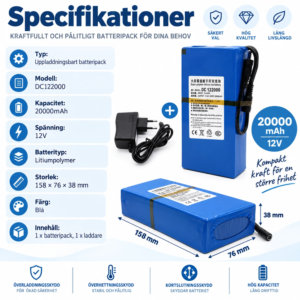 Batteripack 12V 20000mAh med laddare