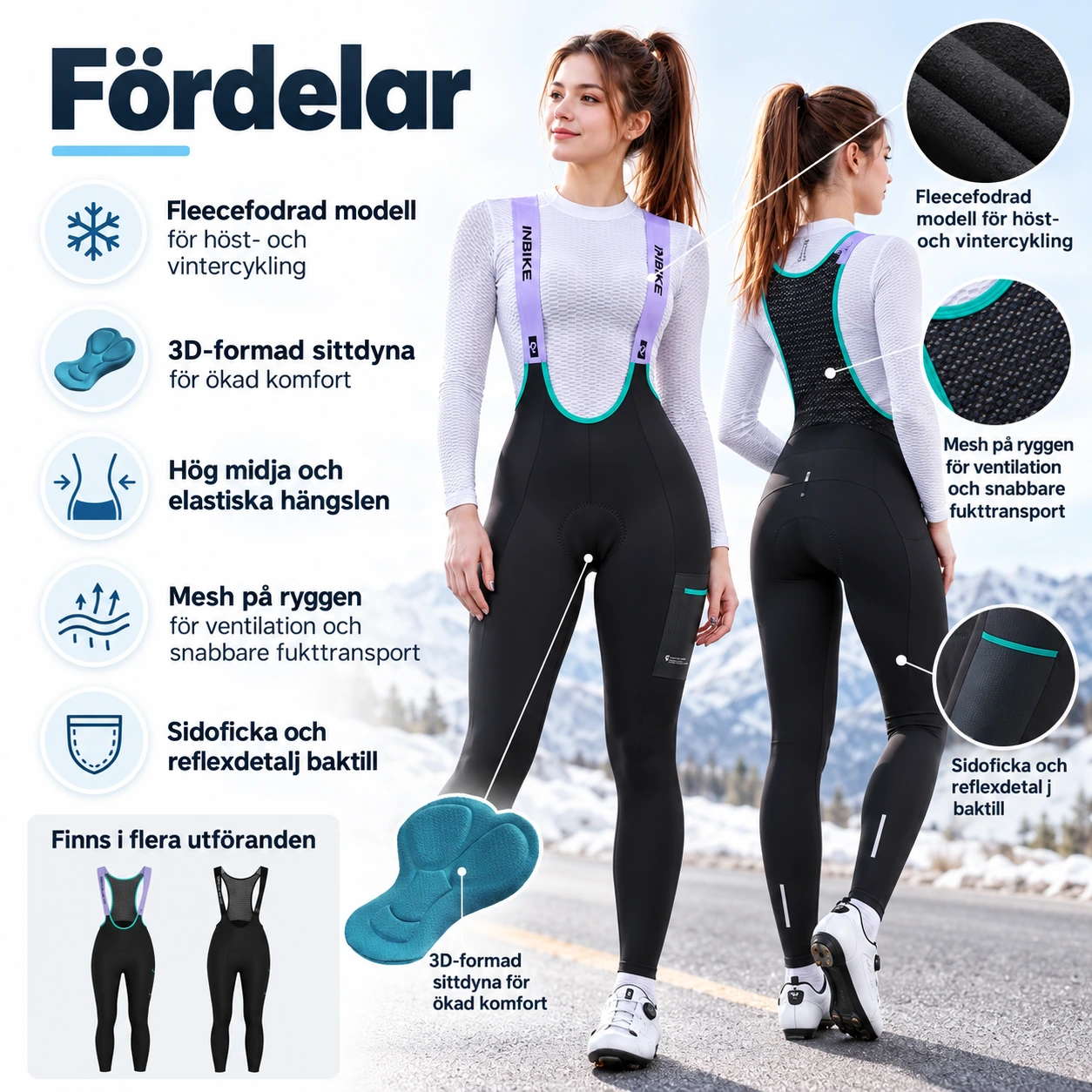 Cykelbyxor med hängslen för dam vinter med fleece