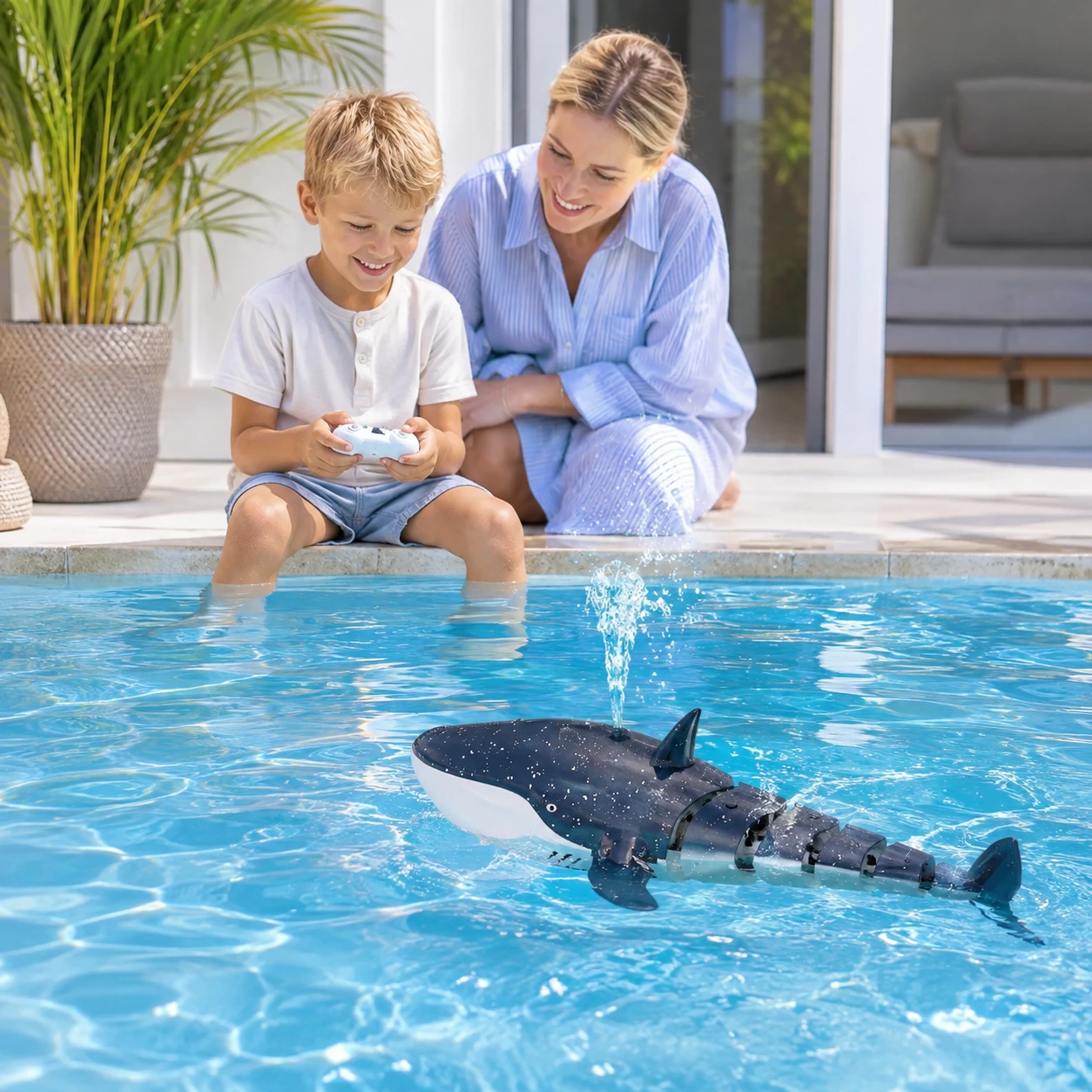 Radiostyrd val för pool och bad med vattenspray