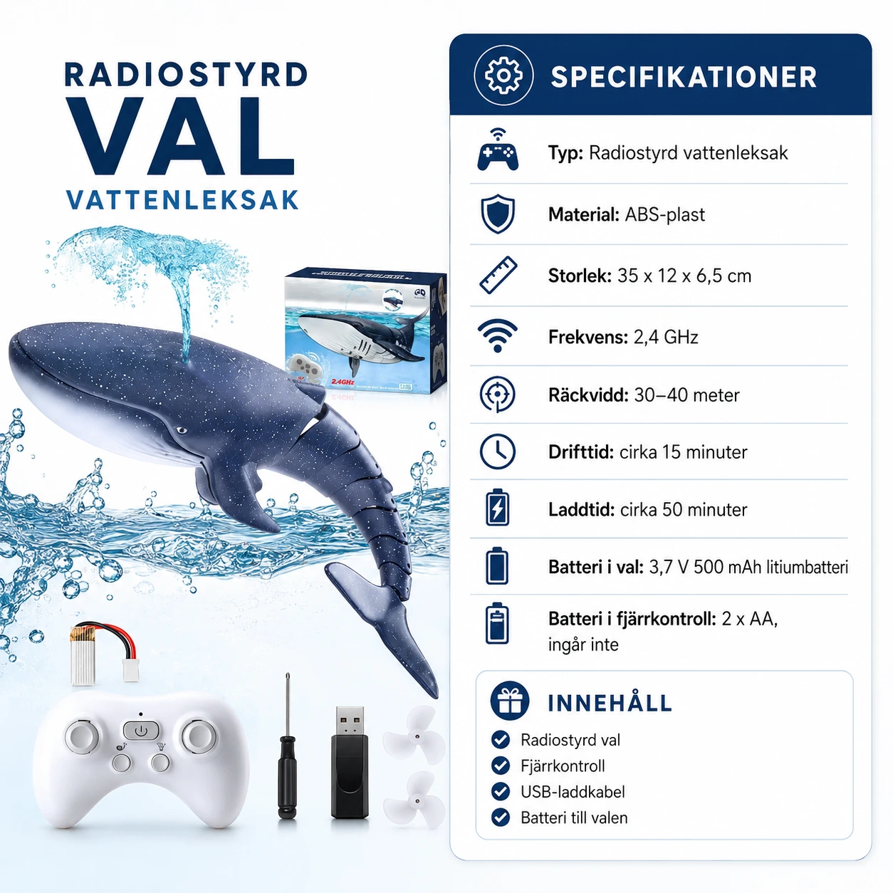 Radiostyrd val för pool och bad med vattenspray