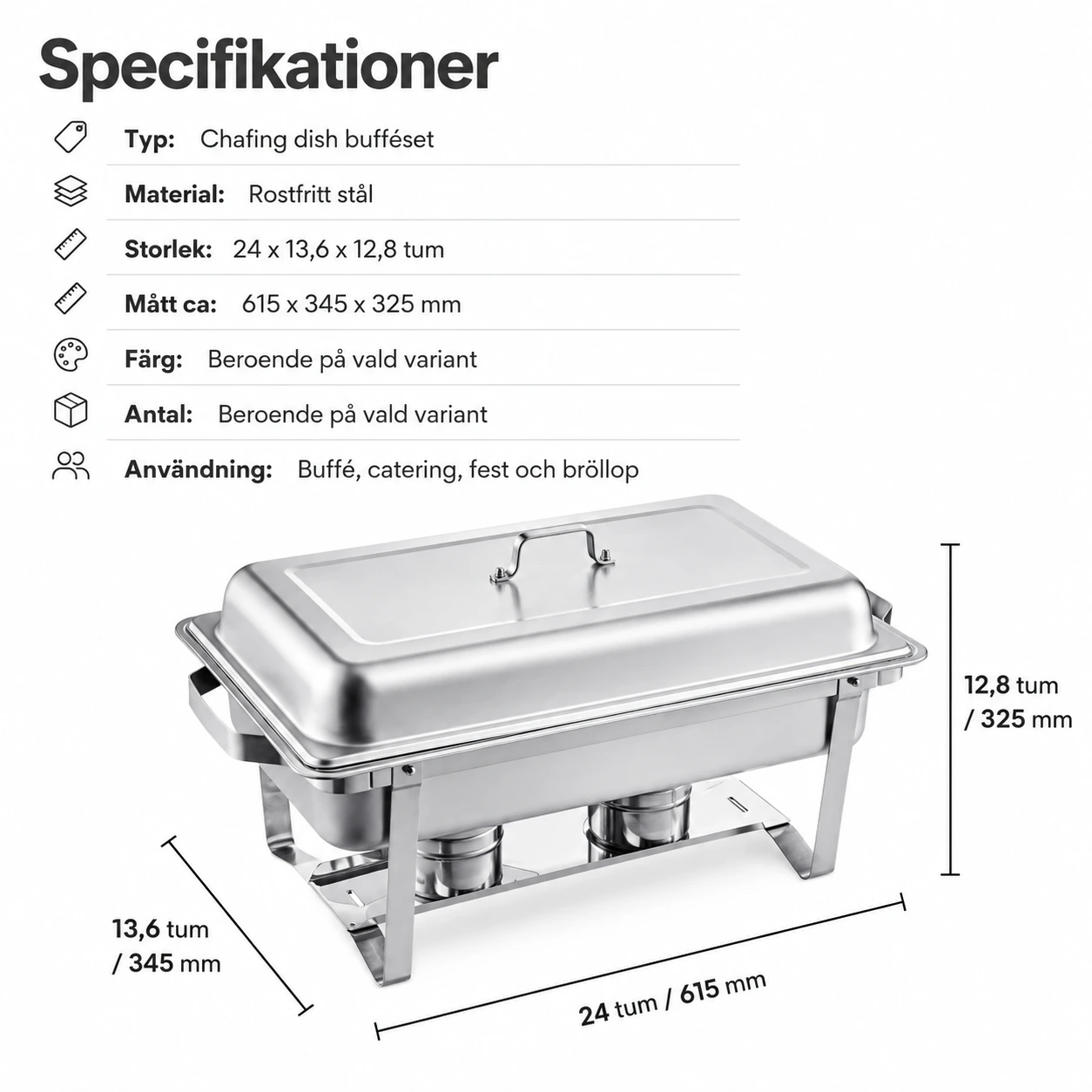 Chafing dish bufféset i rostfritt stål