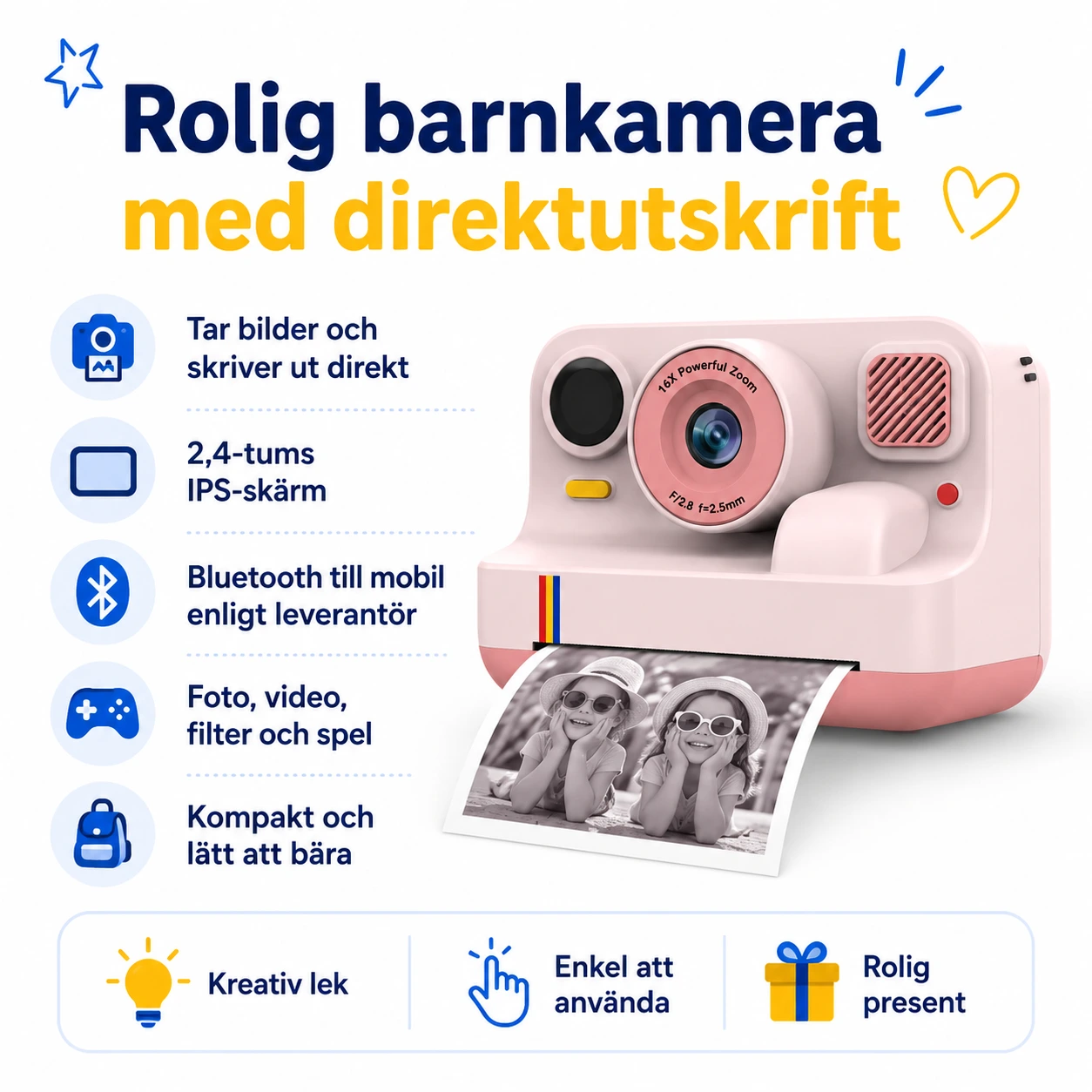 Barnkamera med direktutskrift och 2,4-tums IPS-skärm