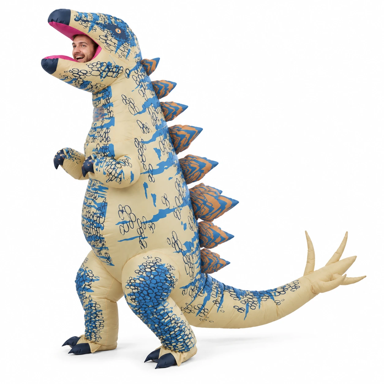 Uppblåsbar Blå och Beige Monster Monsterdinosaurie Kostym för Vuxna