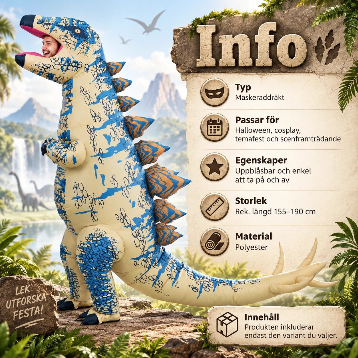 Uppblåsbar Blå och Beige Monster Monsterdinosaurie Kostym för Vuxna
