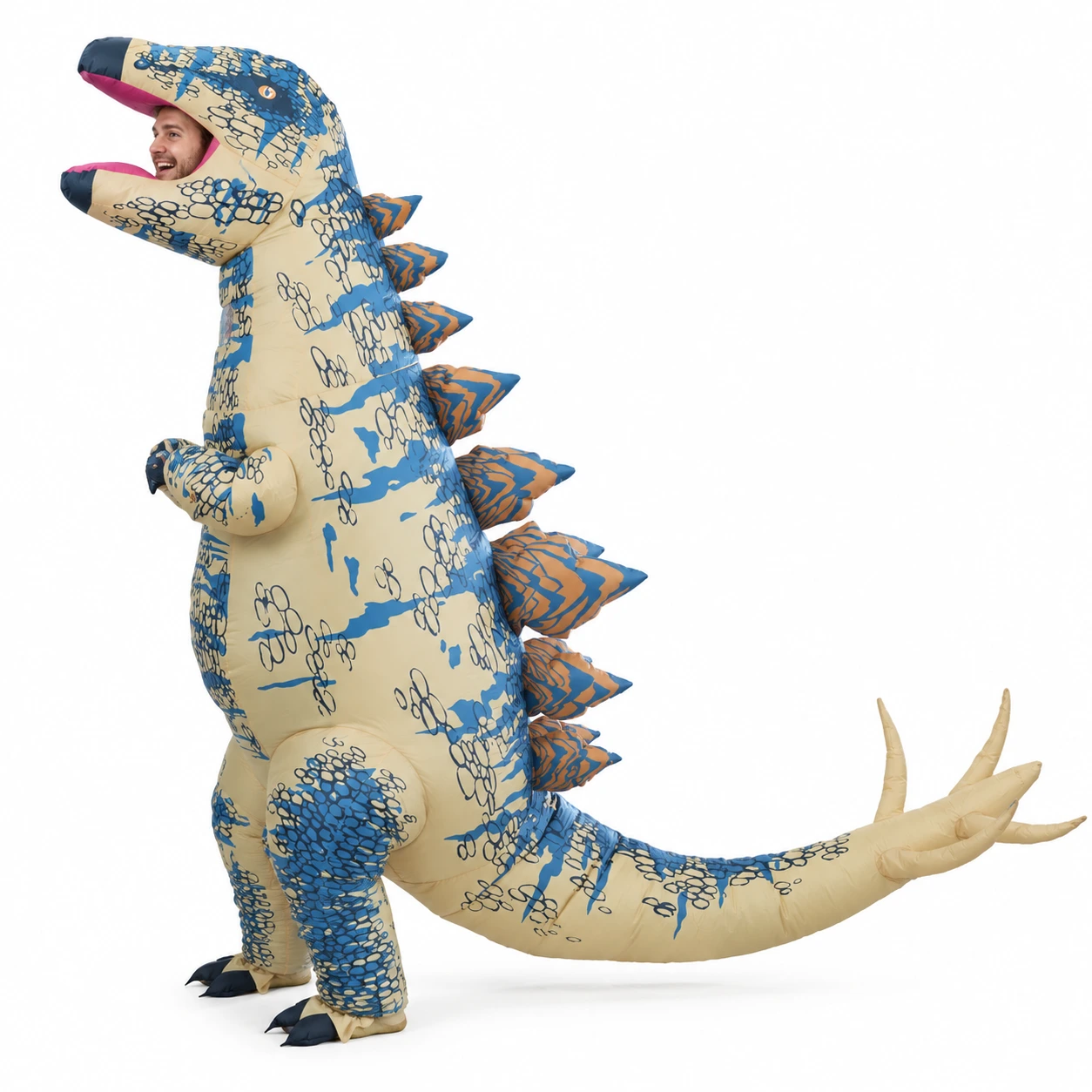 Uppblåsbar Blå och Beige Monster Monsterdinosaurie Kostym för Vuxna